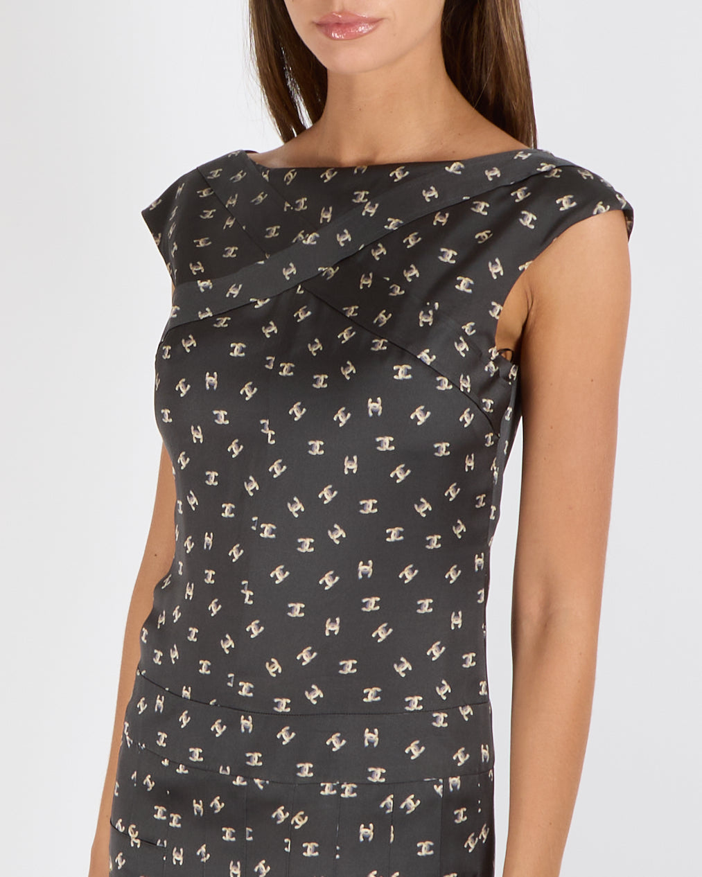 Chanel Black Silk Sleeveless Mini Dress with Beige CC Logo Prints Size FR 36 (UK 8)