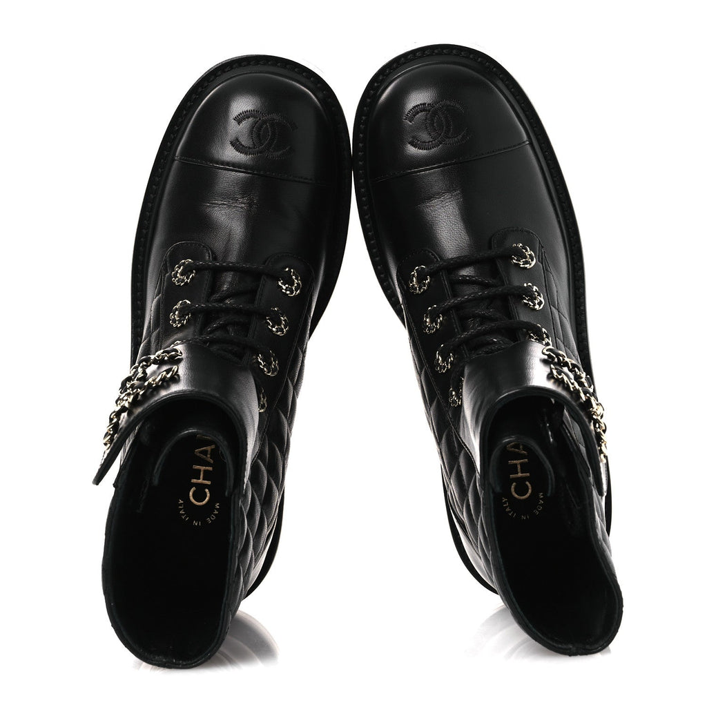 Chanel Shiny Lambskin Quilted Lace Up Combat Boots 37 Black