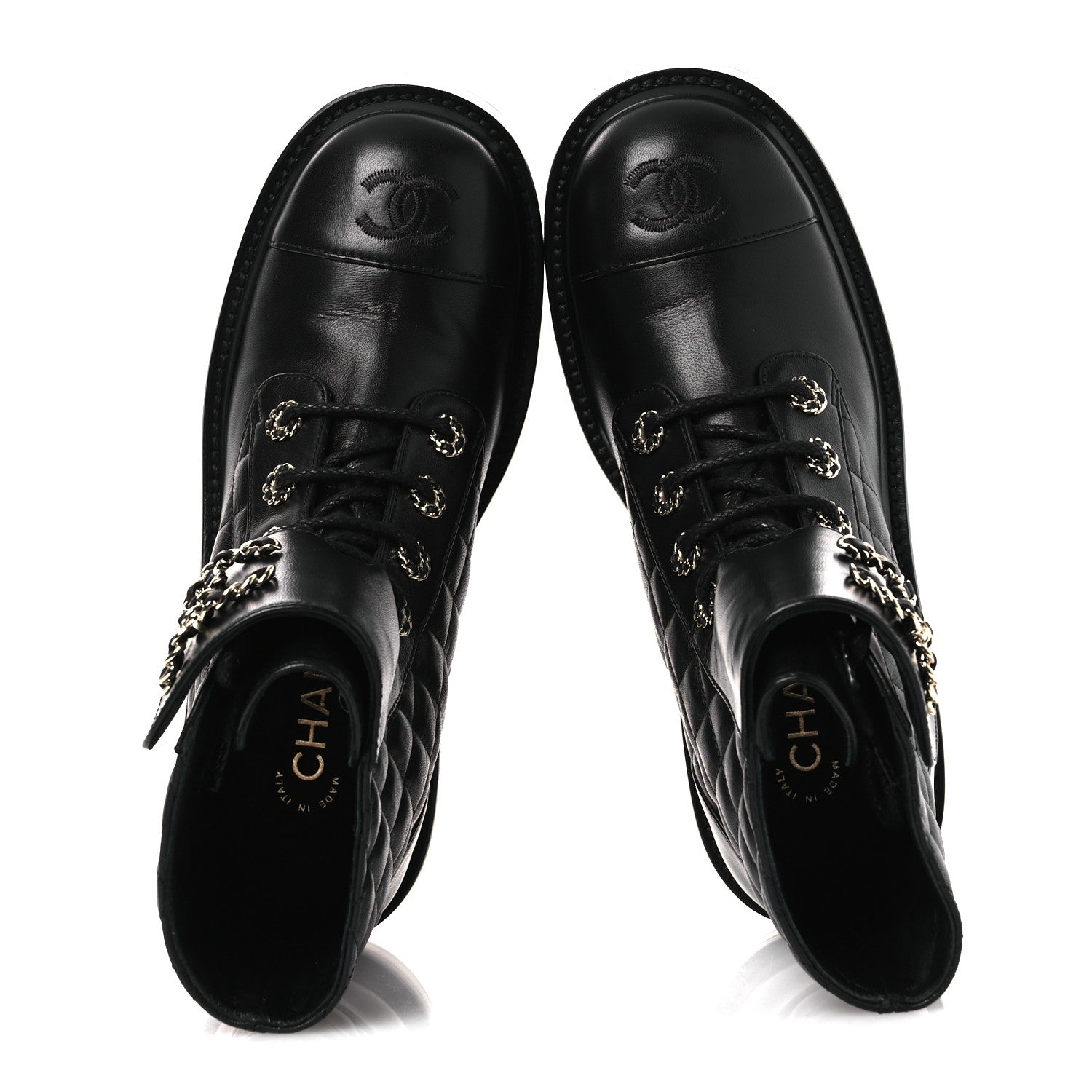 Chanel Shiny Lambskin Quilted Lace Up Combat Boots 37 Black