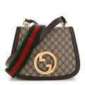 Gucci GG Supreme Monogram Textured Dollar Calfskin Web Medium Blondie Shoulder Flap Bag Beige Ebony New Acero