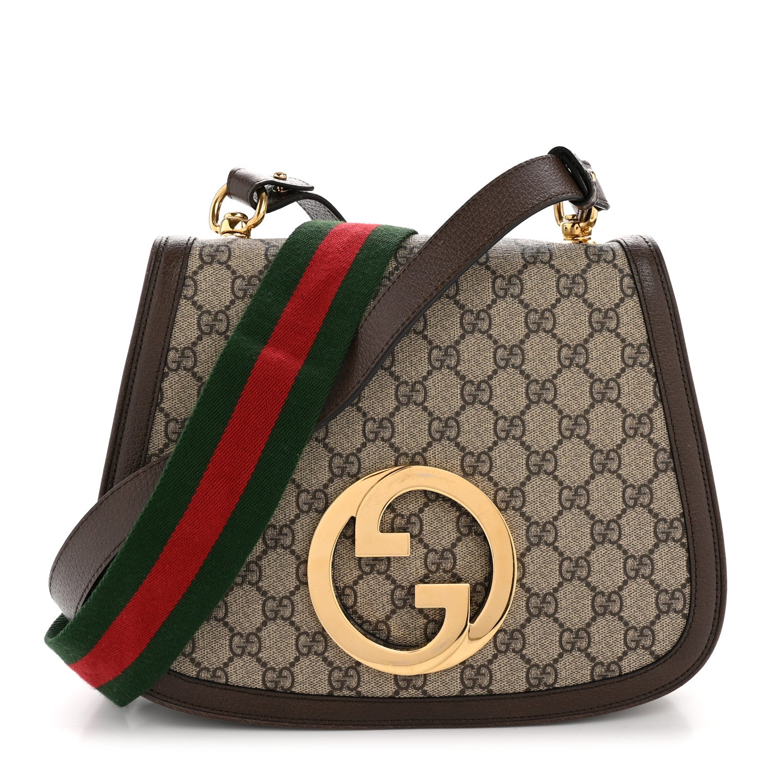 Gucci GG Supreme Monogram Textured Dollar Calfskin Web Medium Blondie Shoulder Flap Bag Beige Ebony New Acero
