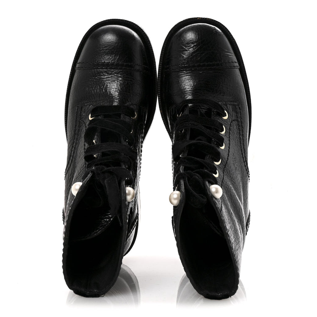 Chanel Shiny Calfskin Velvet Pearl Combat Short Boots 36 Black