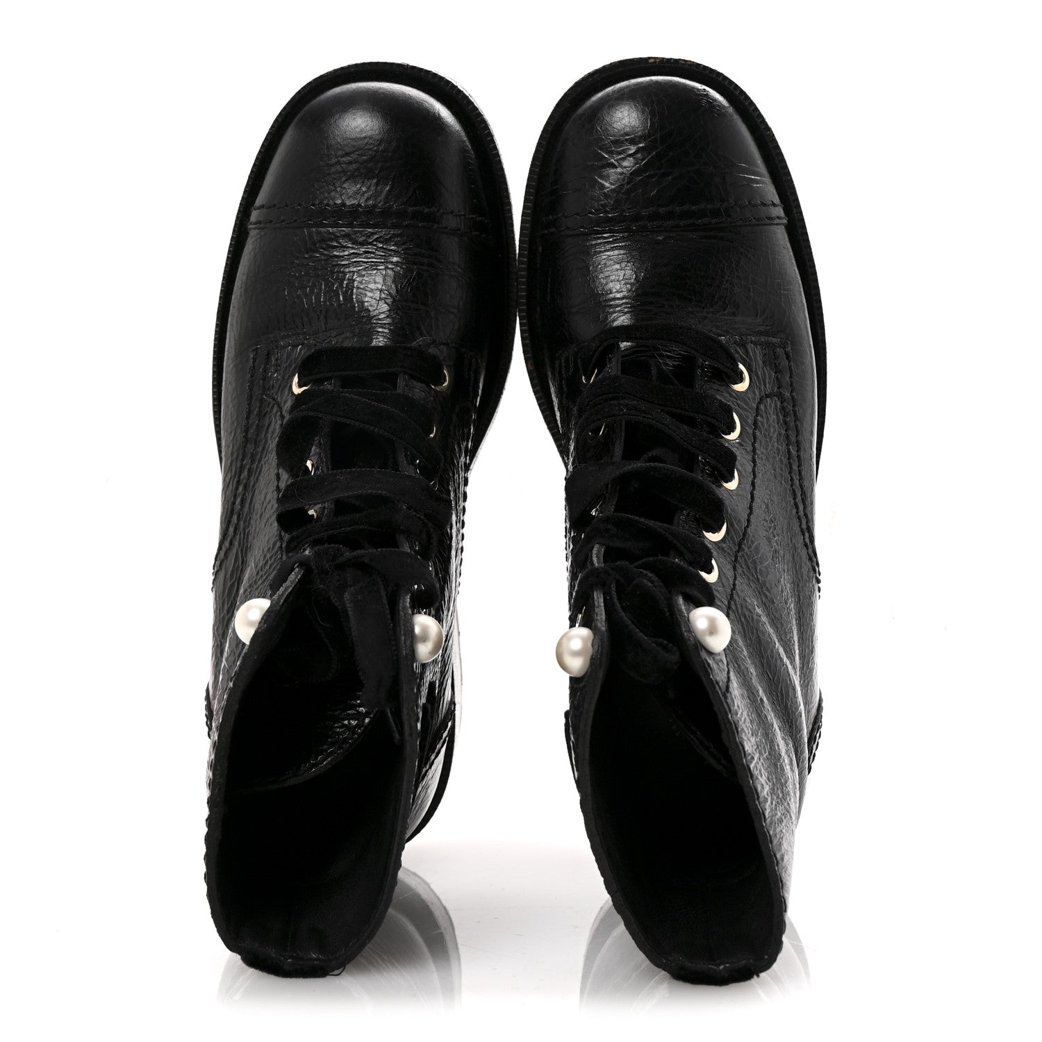 Chanel Shiny Calfskin Velvet Pearl Combat Short Boots 36 Black