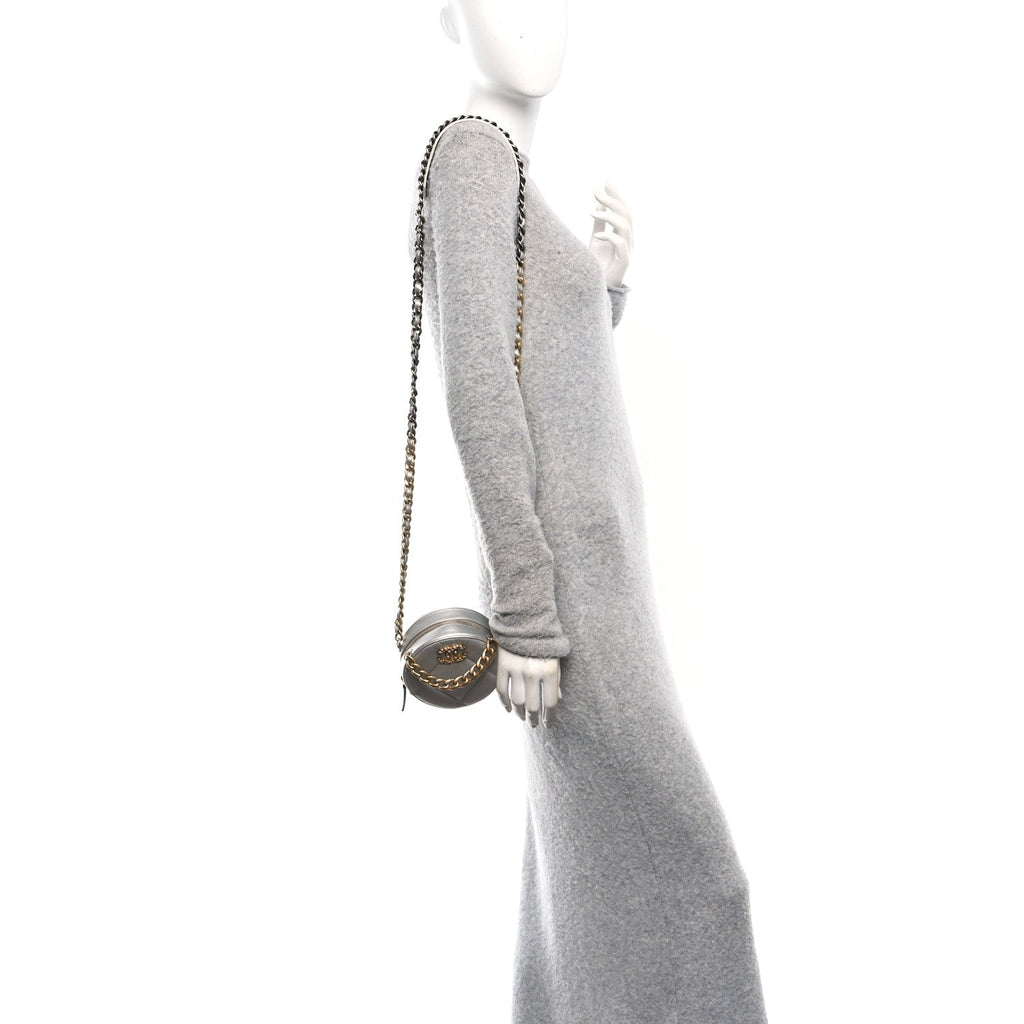 Chanel Metallic Lambskin Quilted Chanel 19 Round Clutch With Chain Silver