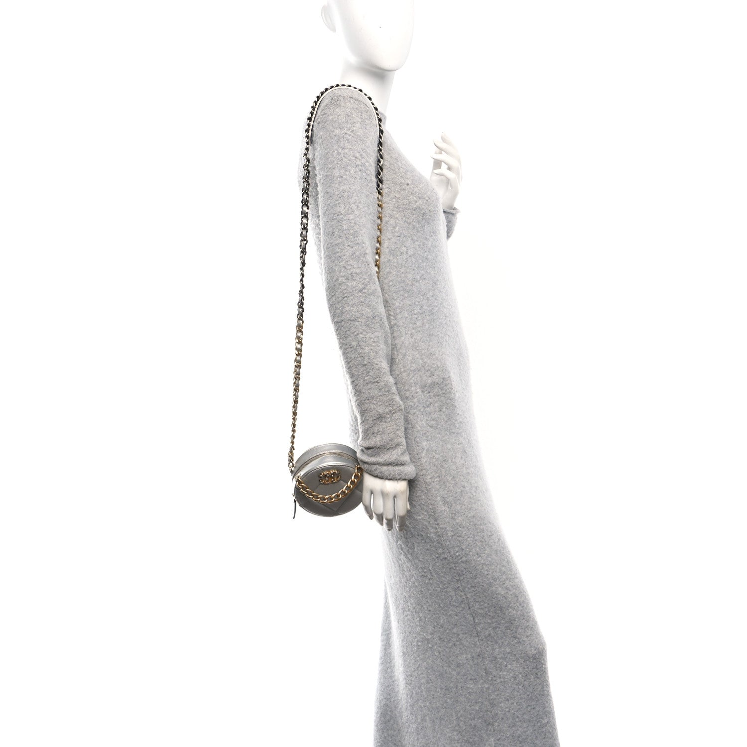 Chanel Metallic Lambskin Quilted Chanel 19 Round Clutch With Chain Silver