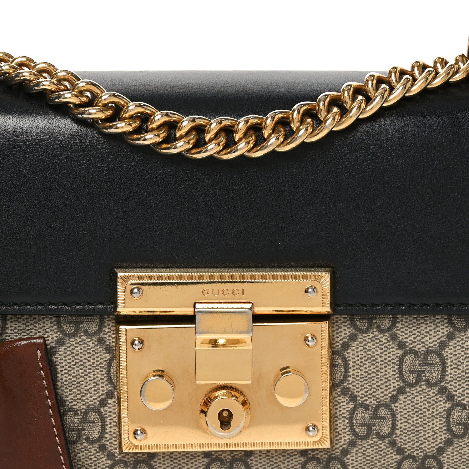 Gucci GG Supreme Monogram Calfskin Small Padlock Shoulder Bag Beige Black Cuir