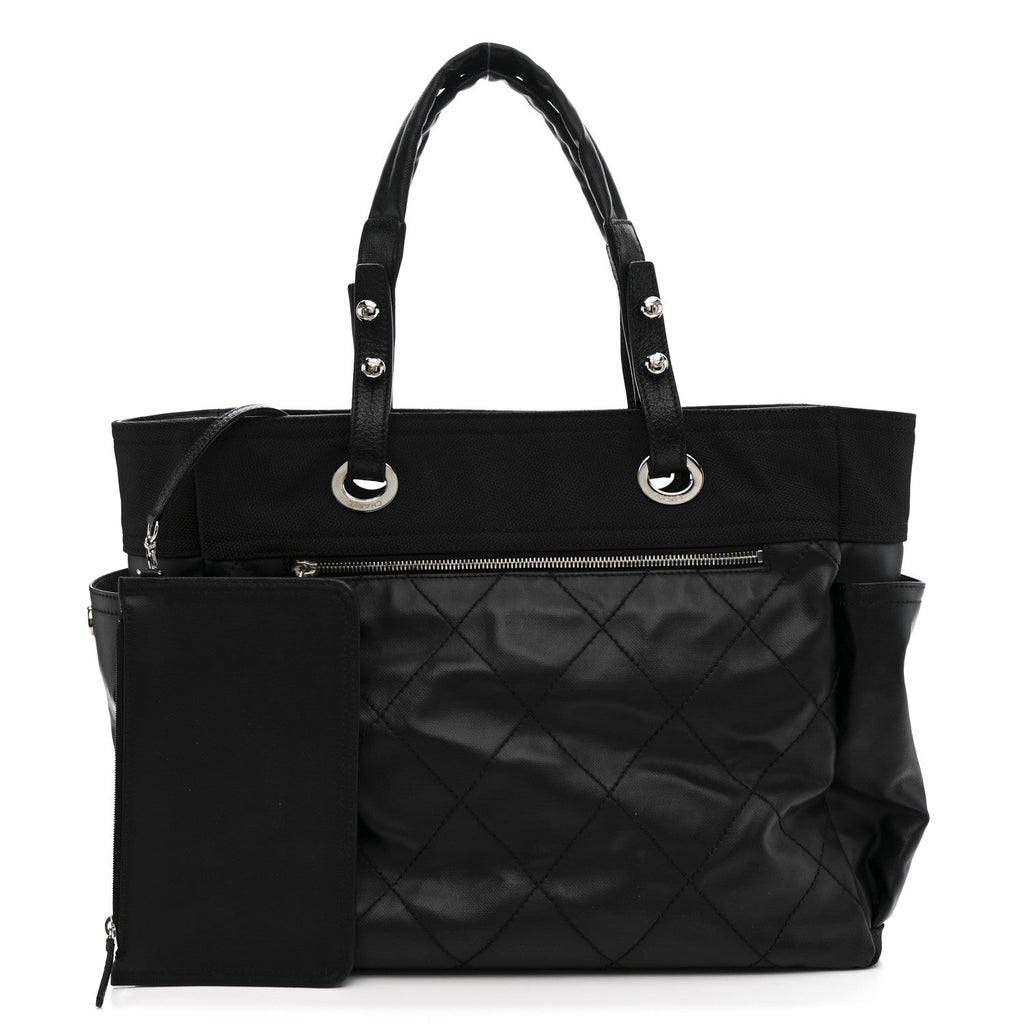 Chanel Coated Canvas Quilted Large Paris Biarritz Tote Black