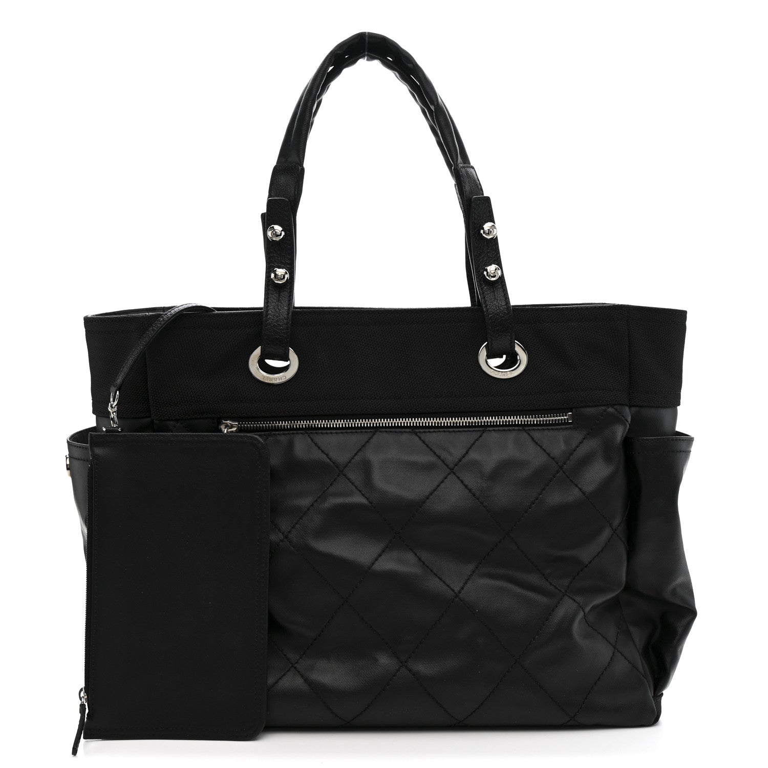 Chanel Coated Canvas Quilted Large Paris Biarritz Tote Black