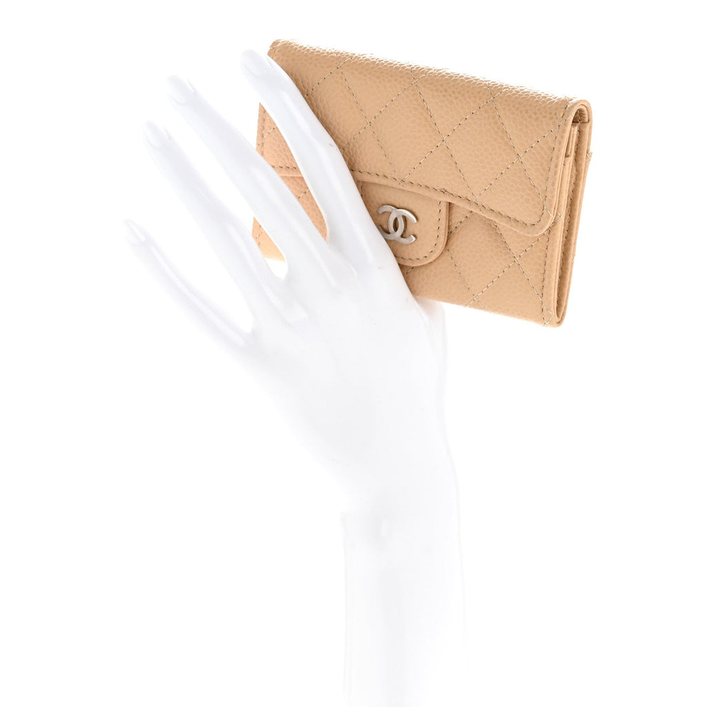 Caviar Quilted Flap Card Holder Wallet Beige