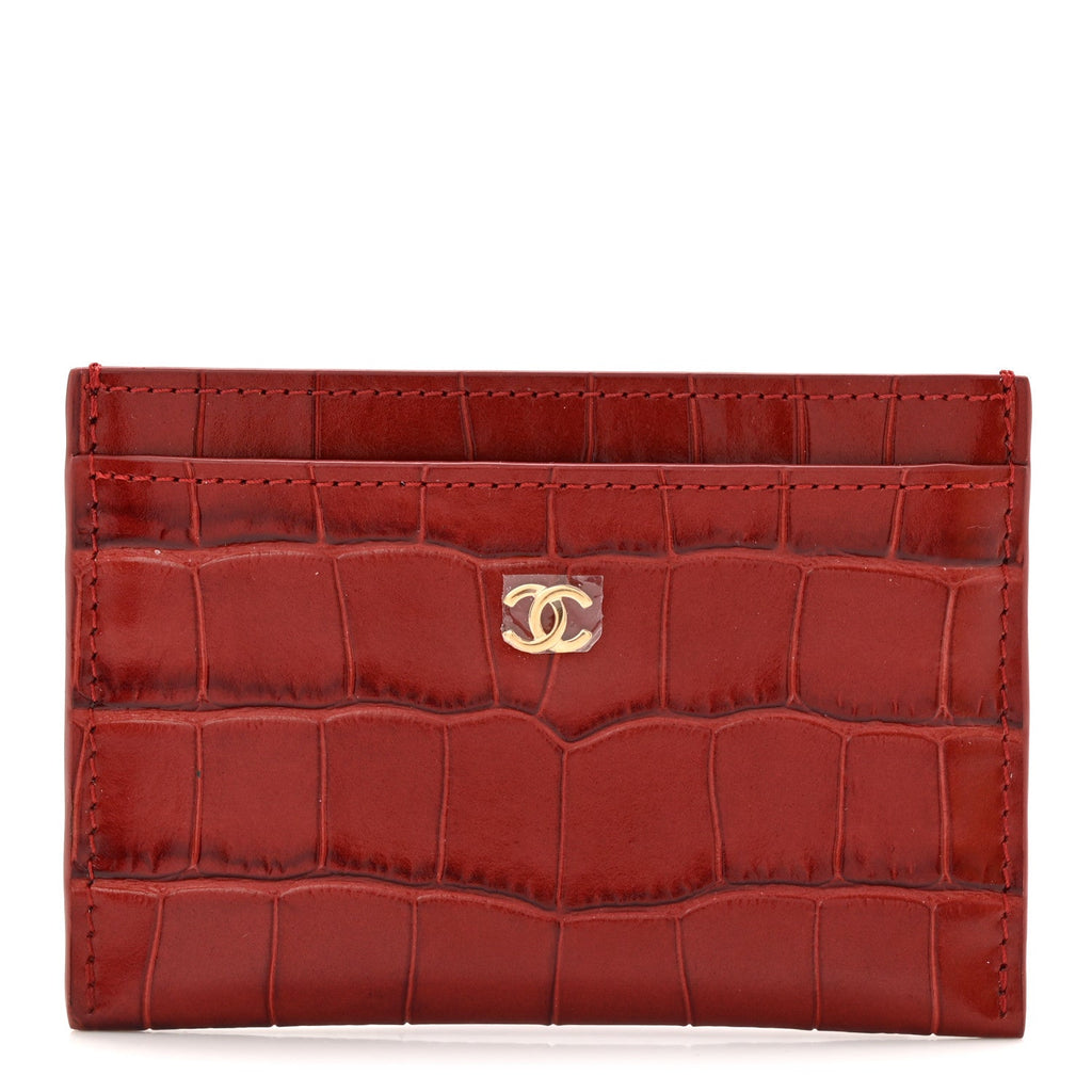 Calfskin Crocodile Embossed Crococo Card Holder Burgundy