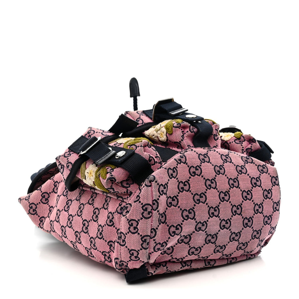 Gucci Monogram Multicolor Floral Embroidered Large Retro Interlocking G Three Pocket Backpack Pink Blue Multicolor