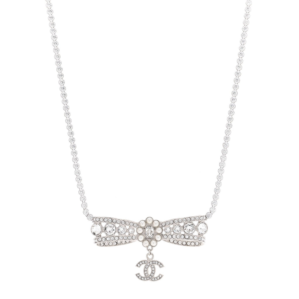 Crystal Pearl CC Bow Drop Necklace Silver