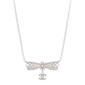 Crystal Pearl CC Bow Drop Necklace Silver