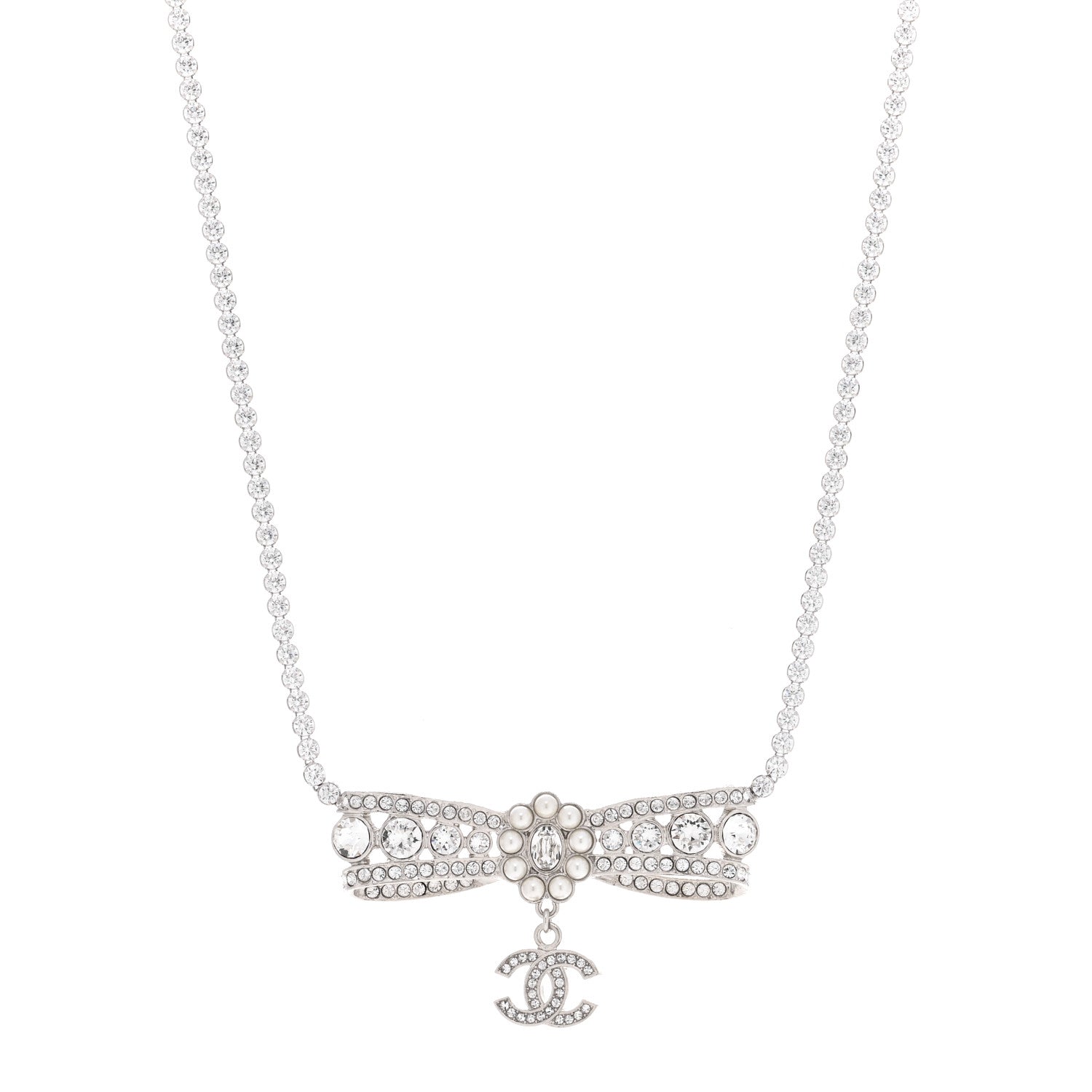 Crystal Pearl CC Bow Drop Necklace Silver