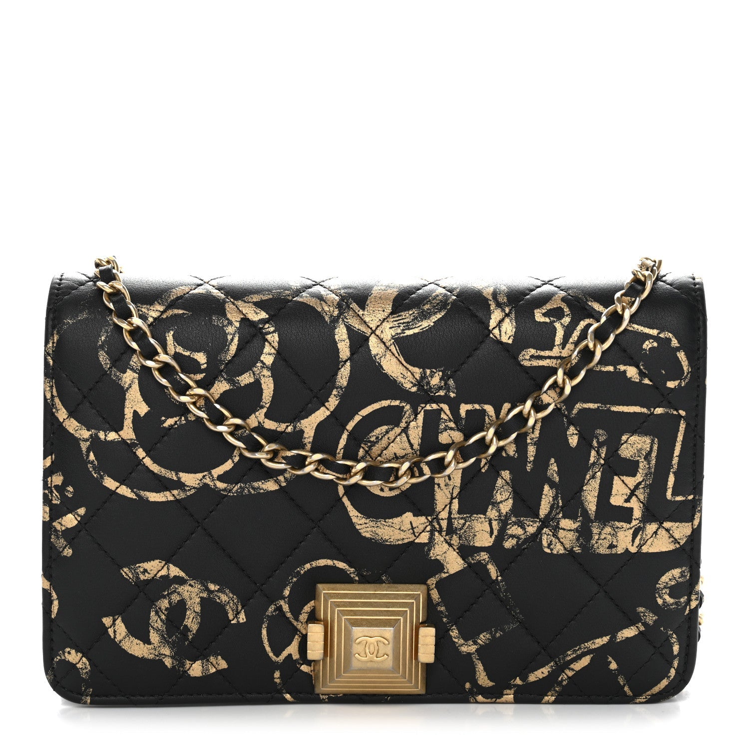 Chanel Calfskin Quilted Graffiti Pyramid Wallet On Chain WOC Black