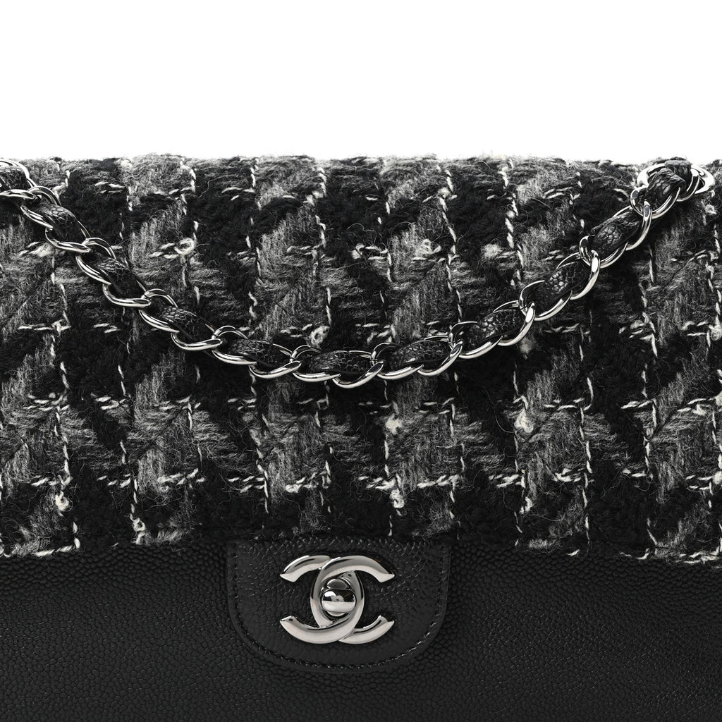 Chanel Caviar Tweed Houndstooth Quilted Medium Double Flap Black Grey