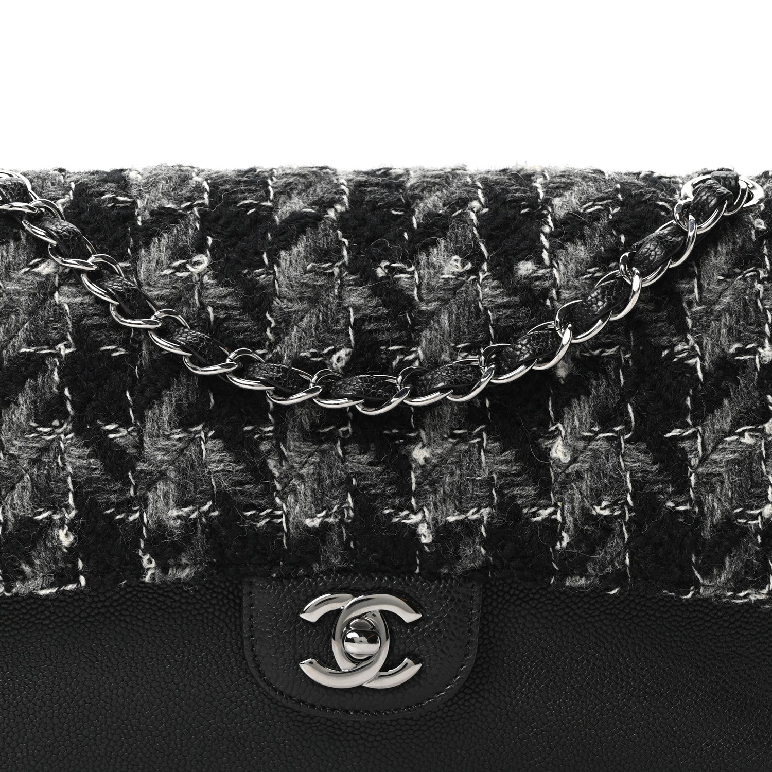 Chanel Caviar Tweed Houndstooth Quilted Medium Double Flap Black Grey