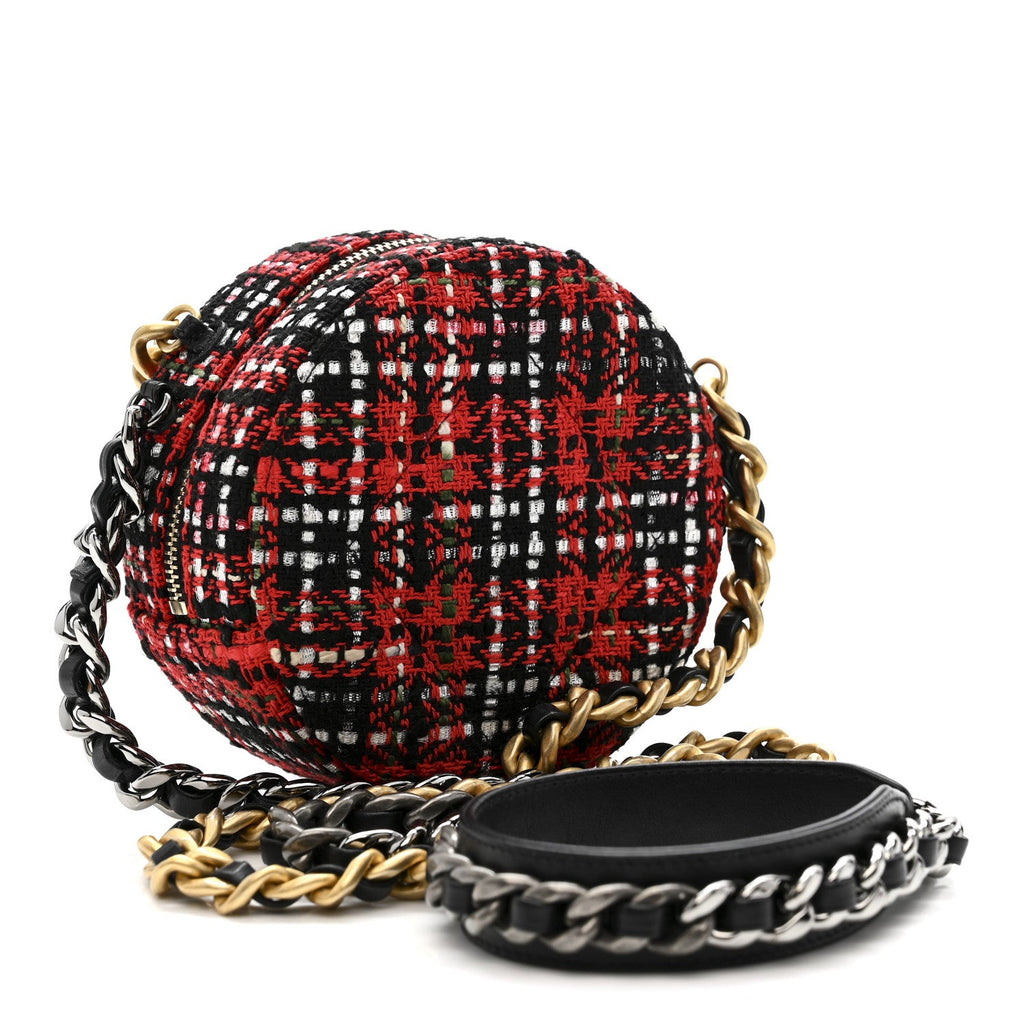 Chanel Tweed Quilted Chanel 19 Round Clutch With Chain  Red Black White Green