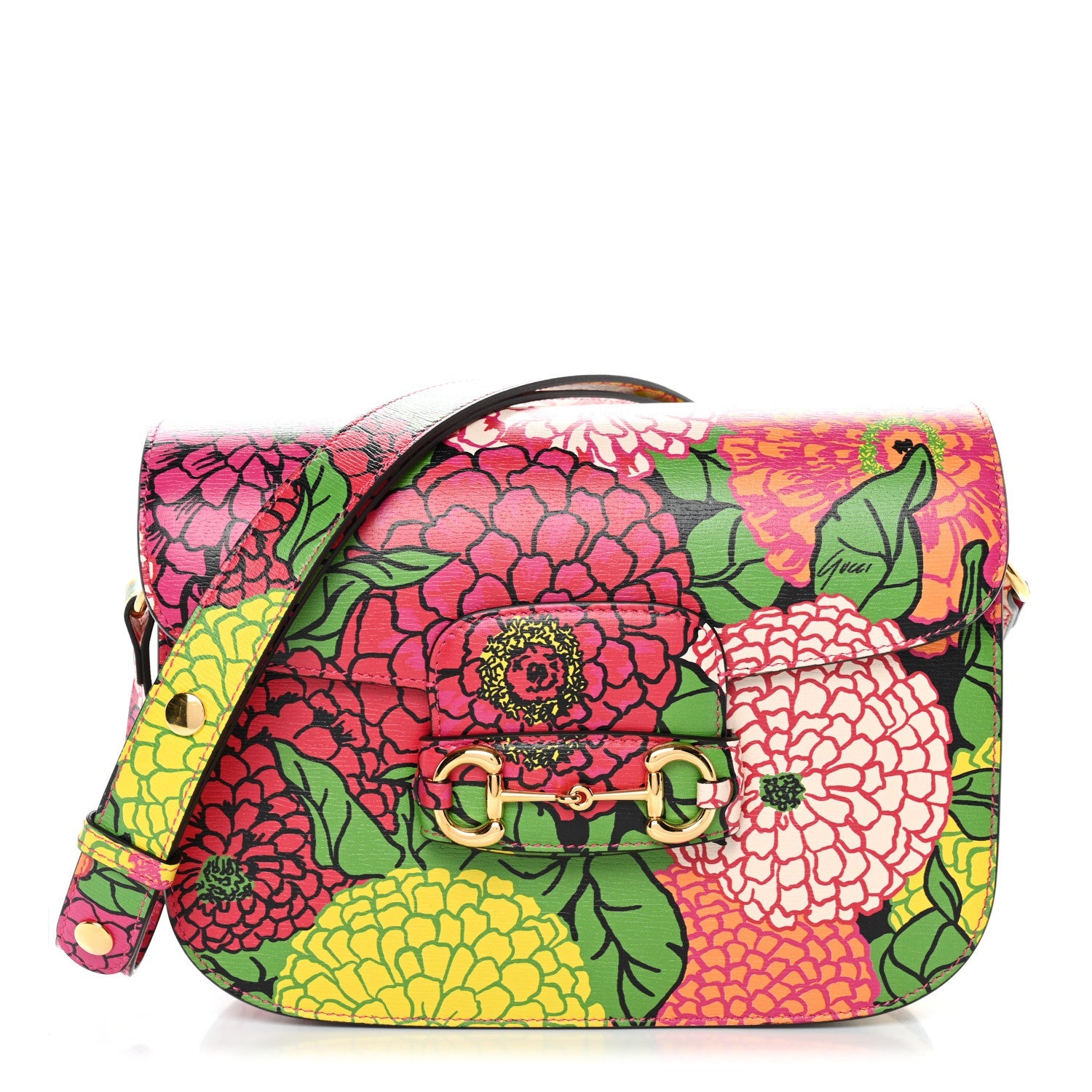Gucci X KEN SCOTT New Shangai Calfskin Pomponica Print Horsebit 1955 Shoulder Bag  Multicolor Fuxia Pompon