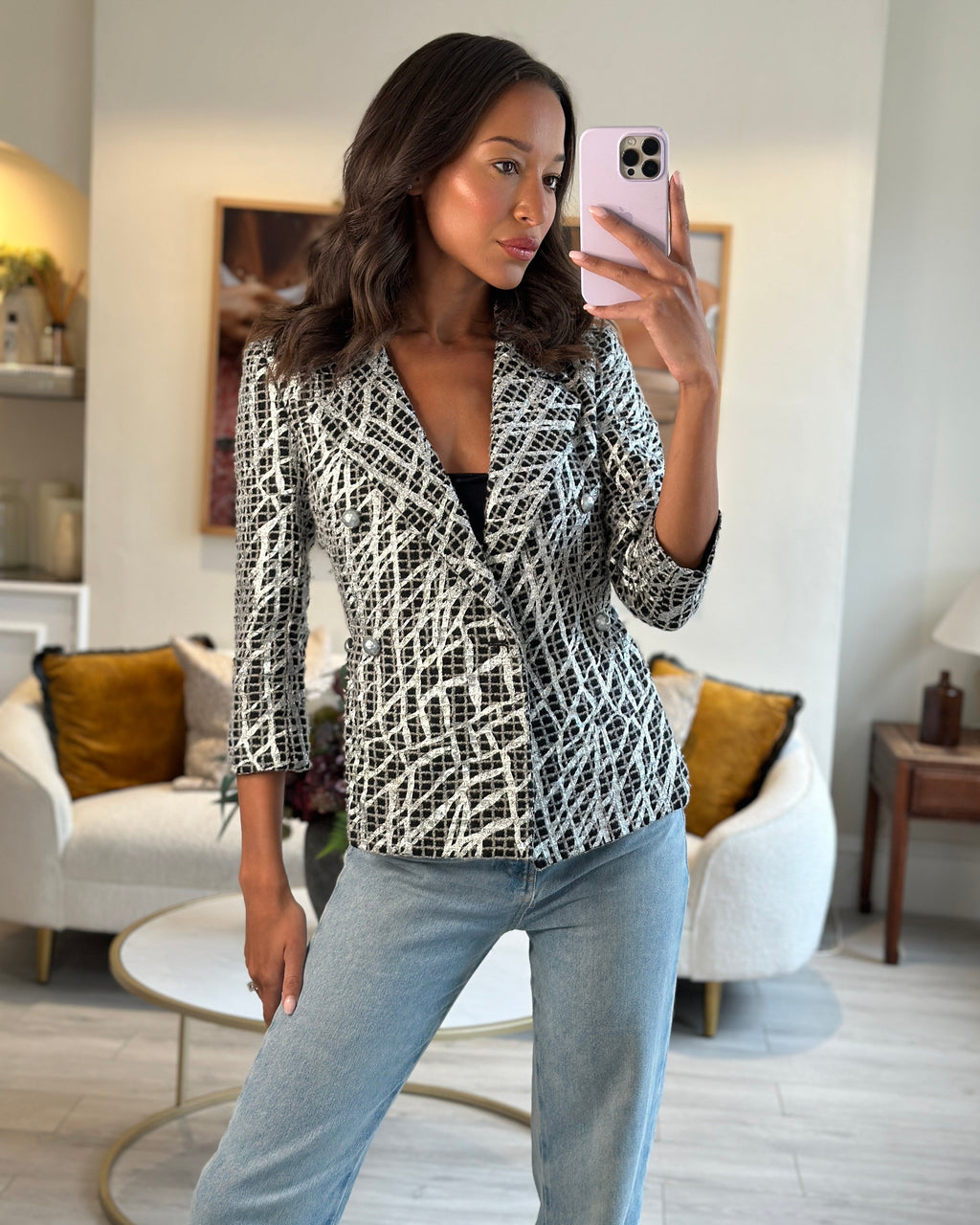 Chanel Spring 2012 Black & White Checked Tweed Backless Jacket with Silver Screen Print and Pearl Belt at the Back Size FR 34 (UK 4)