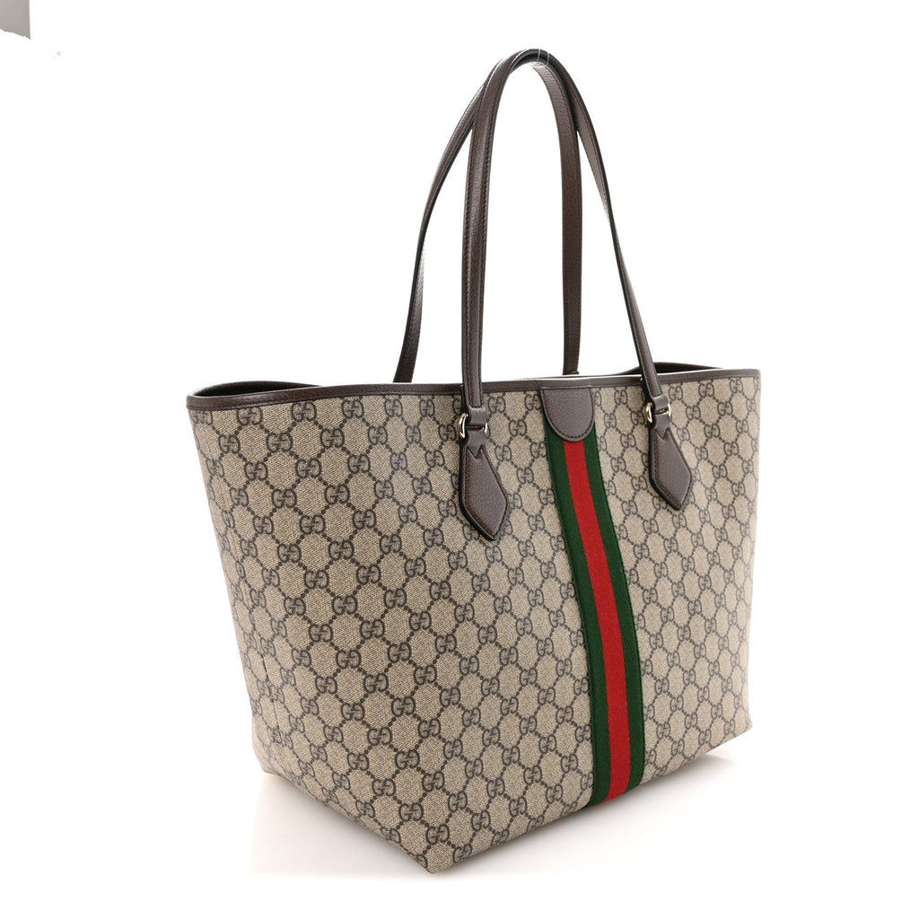 Gucci GG Supreme Monogram Calfskin Web Large Ophidia Tote Beige Dark Brown