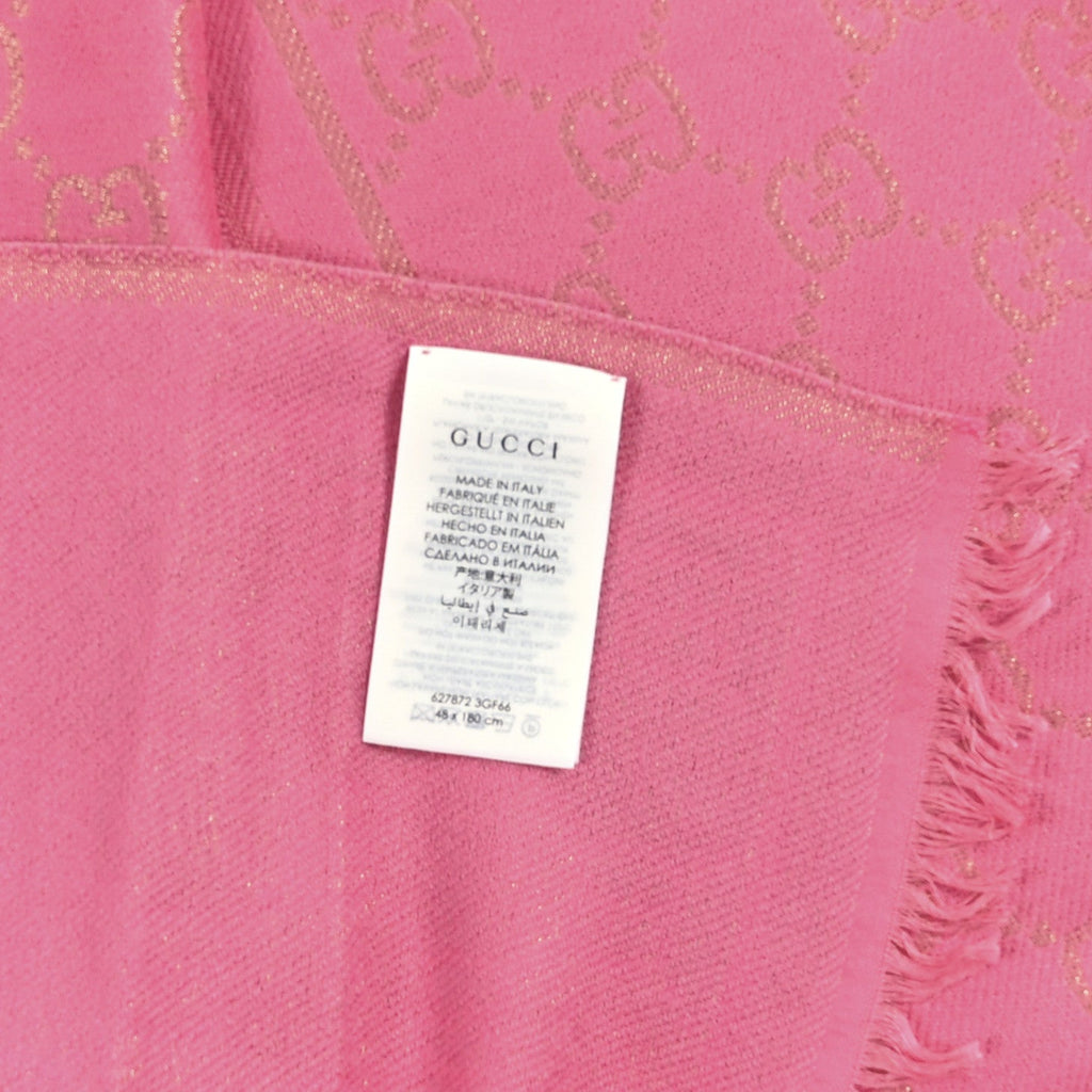 Gucci Wool Silk Lurex GG Monogram Bright G Fringe Scarf Fuxia