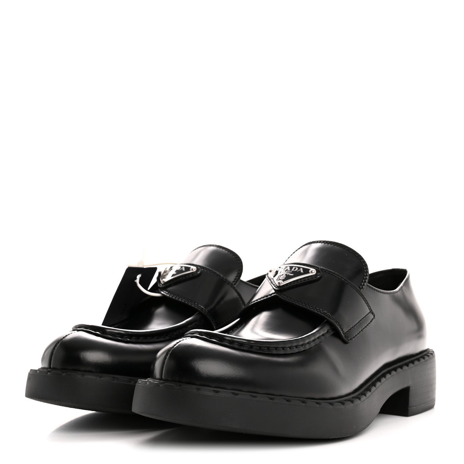 Prada Spazzolato Metal Triangle Logo 50mm Loafers 40.5 Black