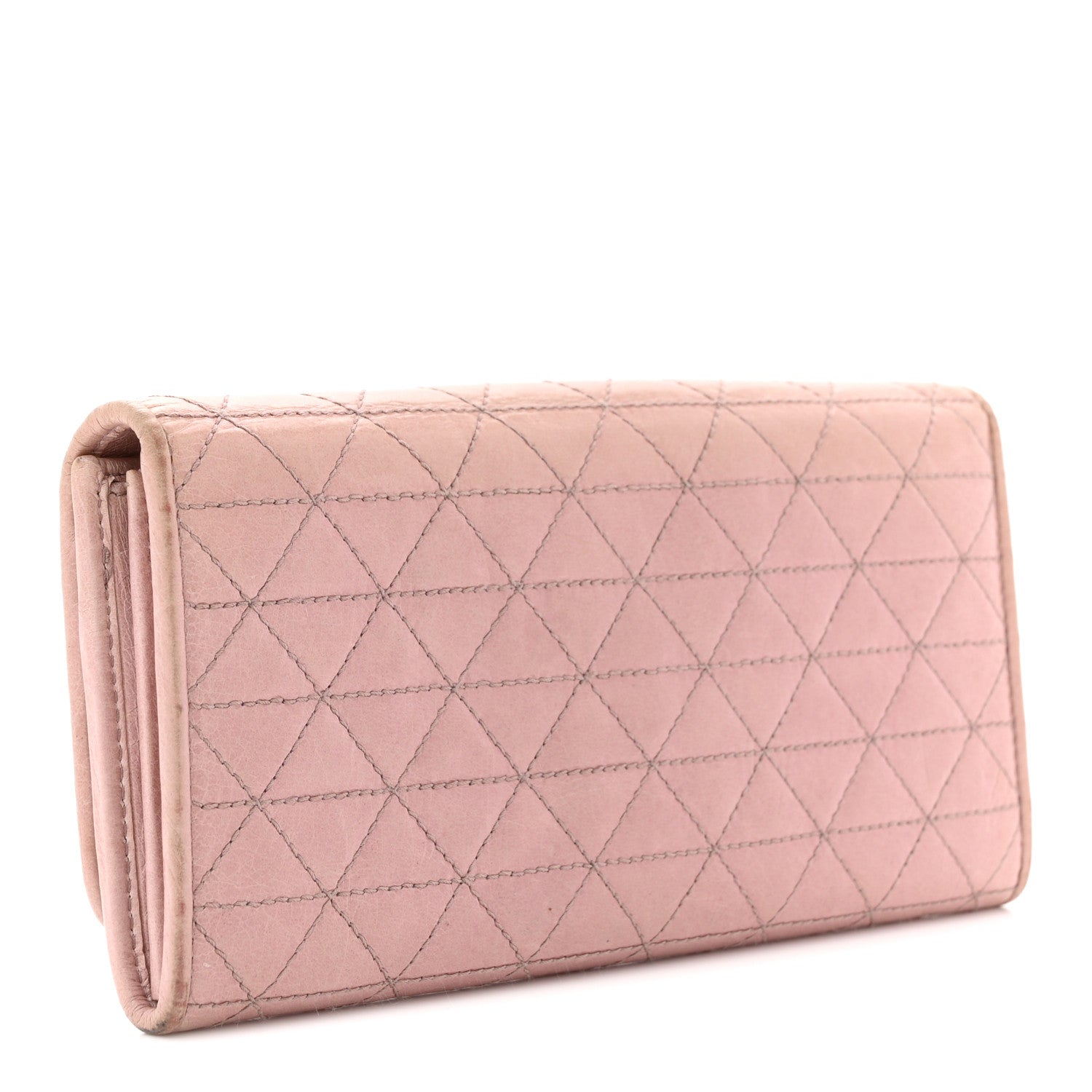 Prada Glossy Calfskin Triangle Quilted Triangle Continental Flap Wallet Light Pink
