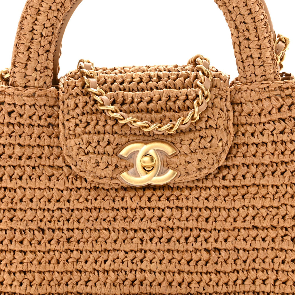Chanel Braided Raffia Nano Kelly Flap Bag Dark Beige