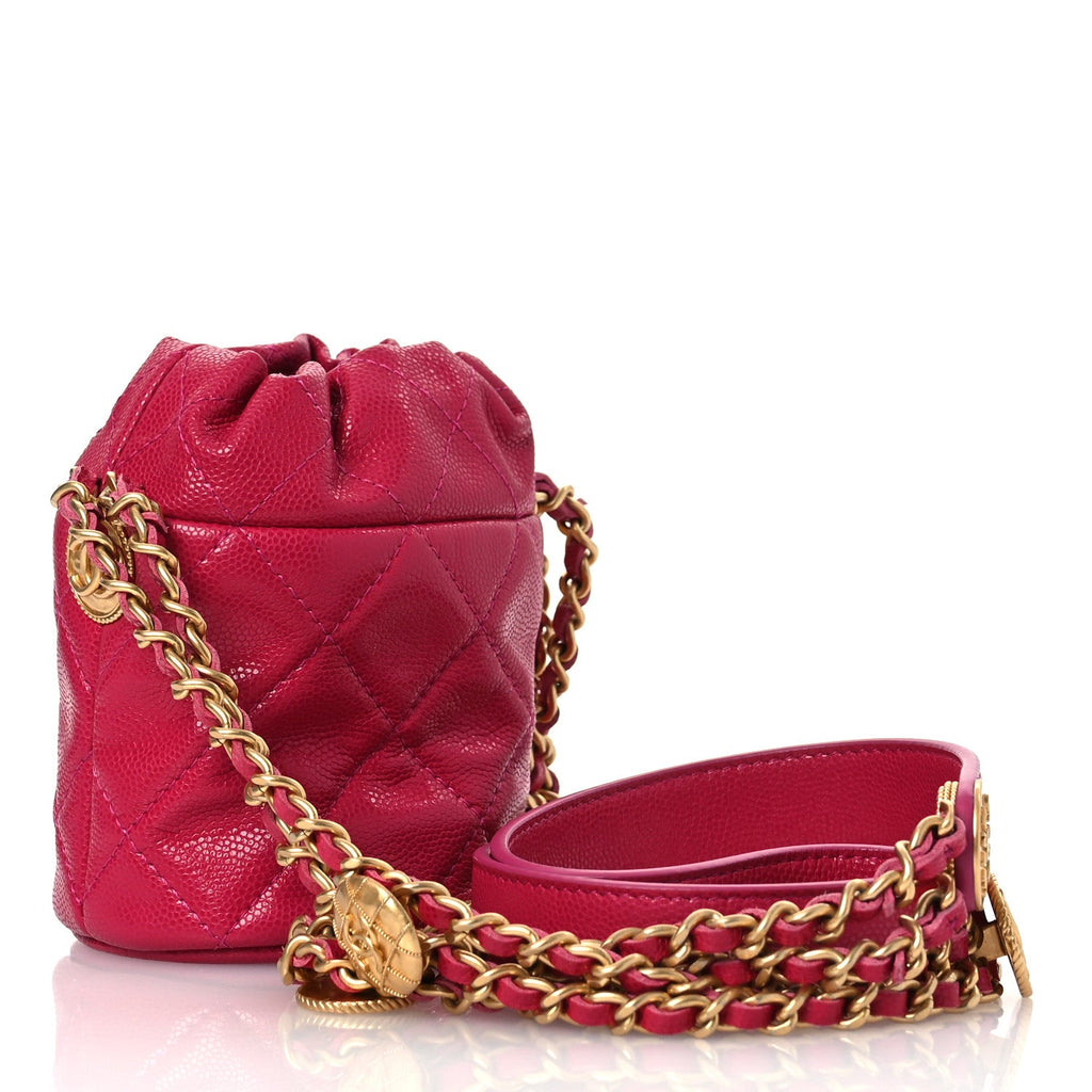 Chanel Caviar Quilted Twist Your Buttons Mini Bucket Bag Fuchsia