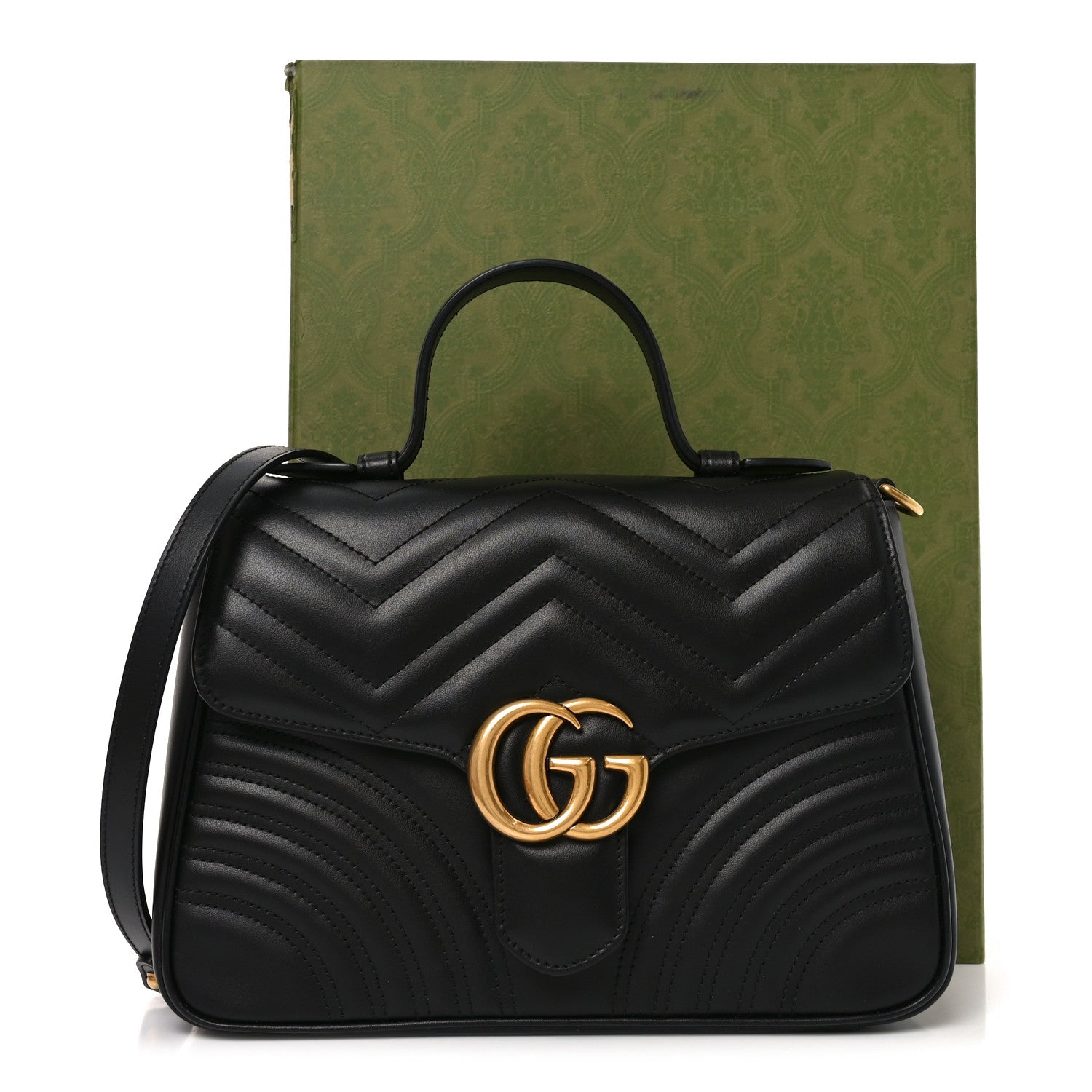 Gucci Calfskin Matelasse Small GG Marmont Top Handle Shoulder Bag Black