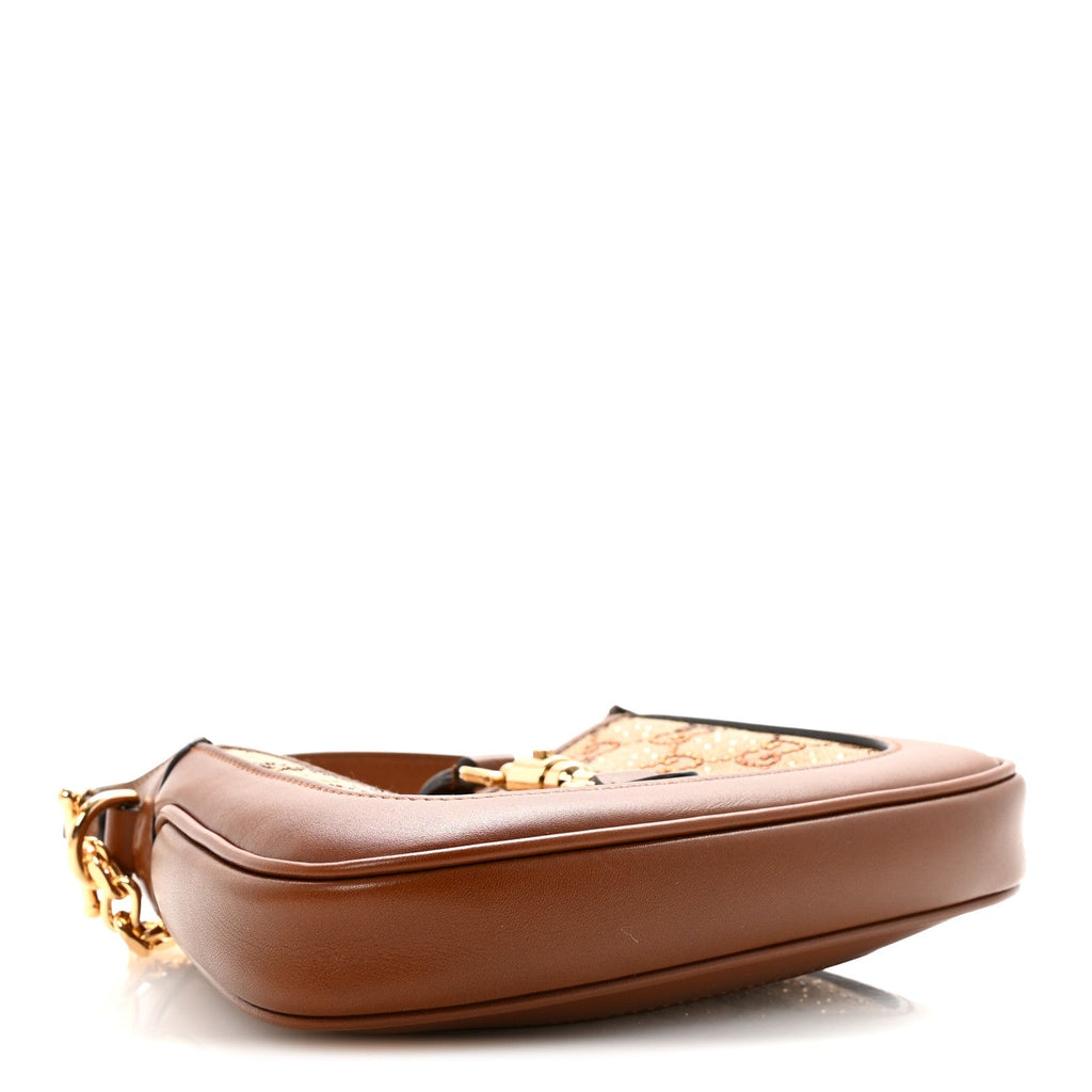 Gucci New Canvas Charisma Calfskin Crystal GG Monogram Mini Jackie 1961 Hobo Camel Ebony