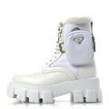 Prada Spazzolato Rois Nylon Shearling Metal Triangle Logo Monolith Pouch Pocket 55mm Boots 35.5 White