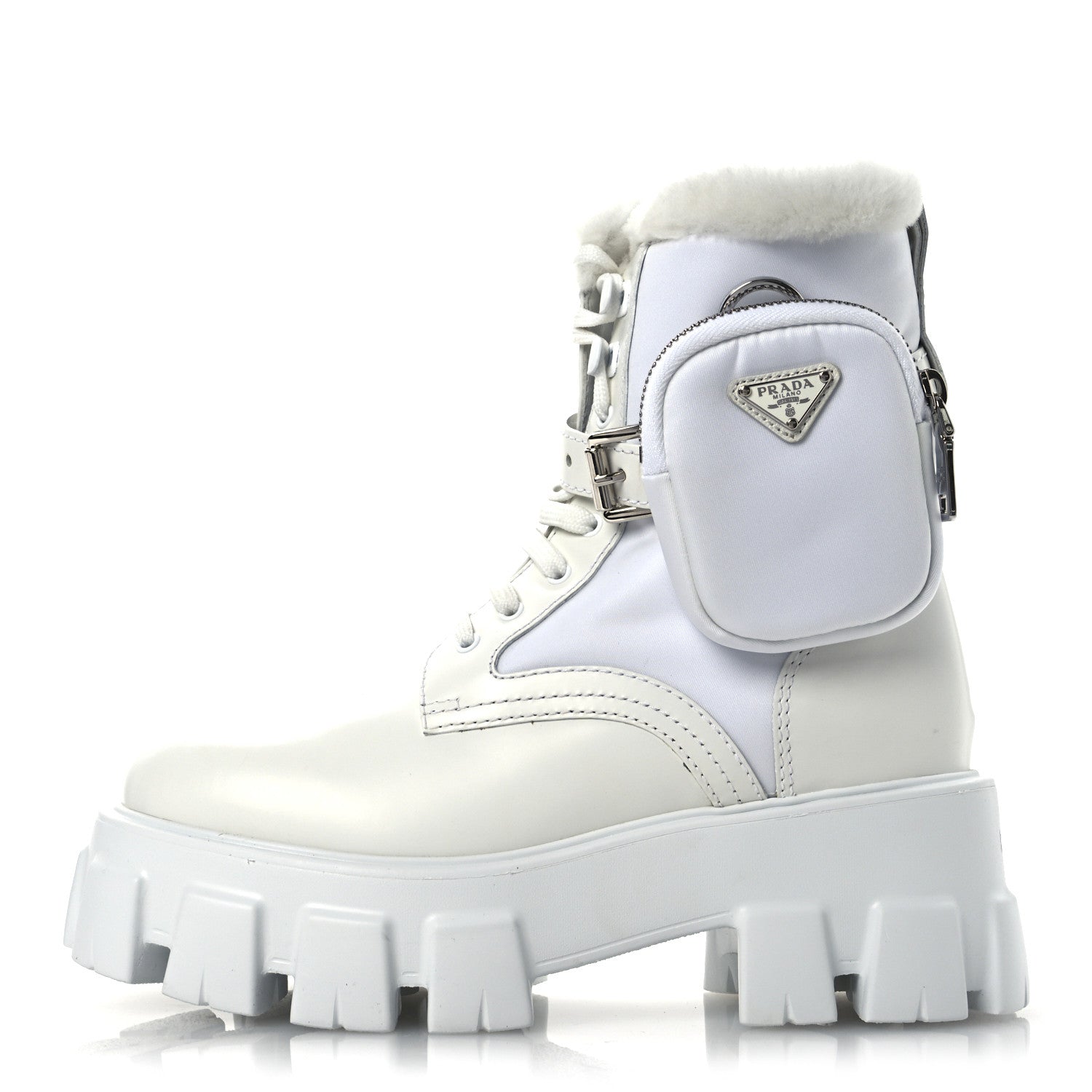 Prada Spazzolato Rois Nylon Shearling Metal Triangle Logo Monolith Pouch Pocket 55mm Boots 35.5 White