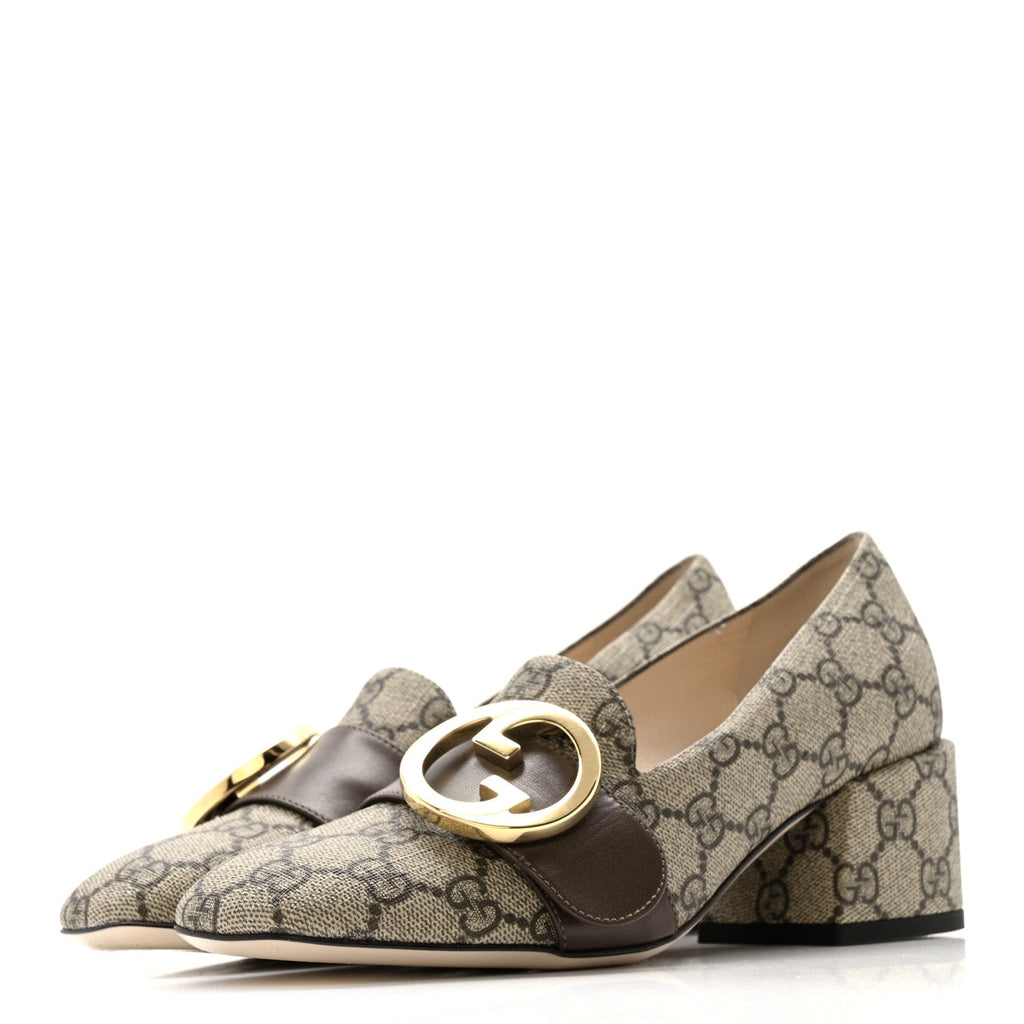 Gucci GG Supreme Monogram Malaga Kid Blondie Pumps 35.5 Beige Ebony New Acero