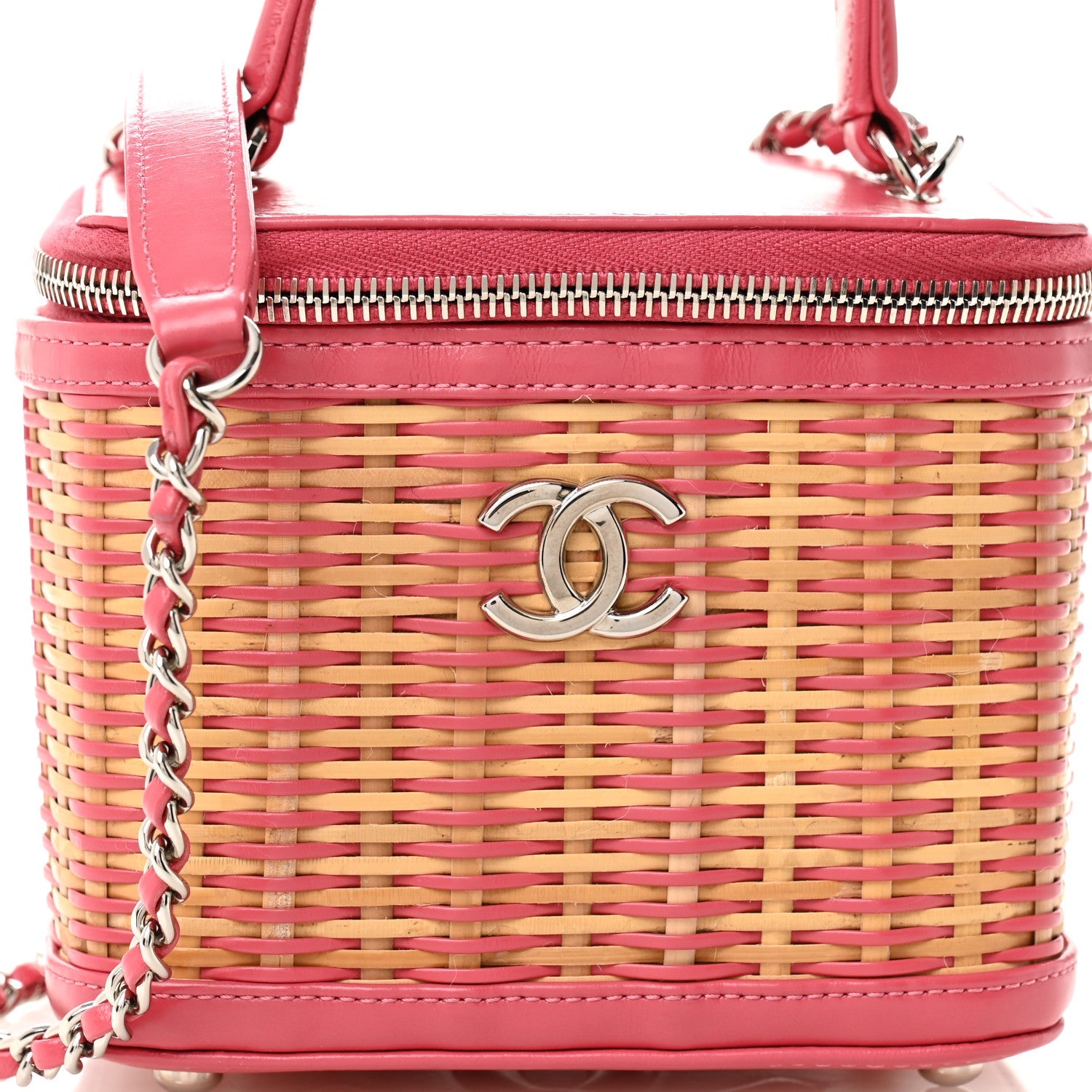 Chanel Calfskin Raffia Small Take Away Vanity Case Bag Pink Beige