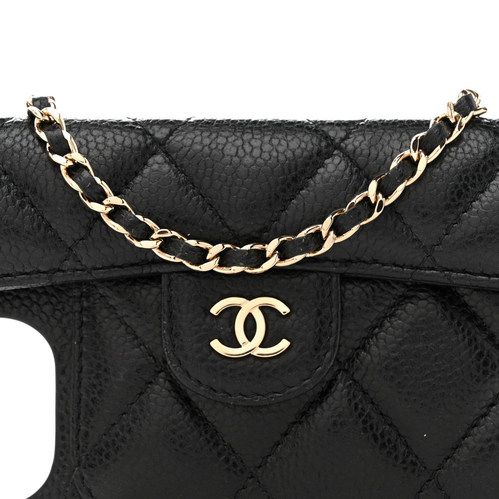 Caviar Quilted Pearl Crush iPhone XII Pro Max Holder With Chain Black
