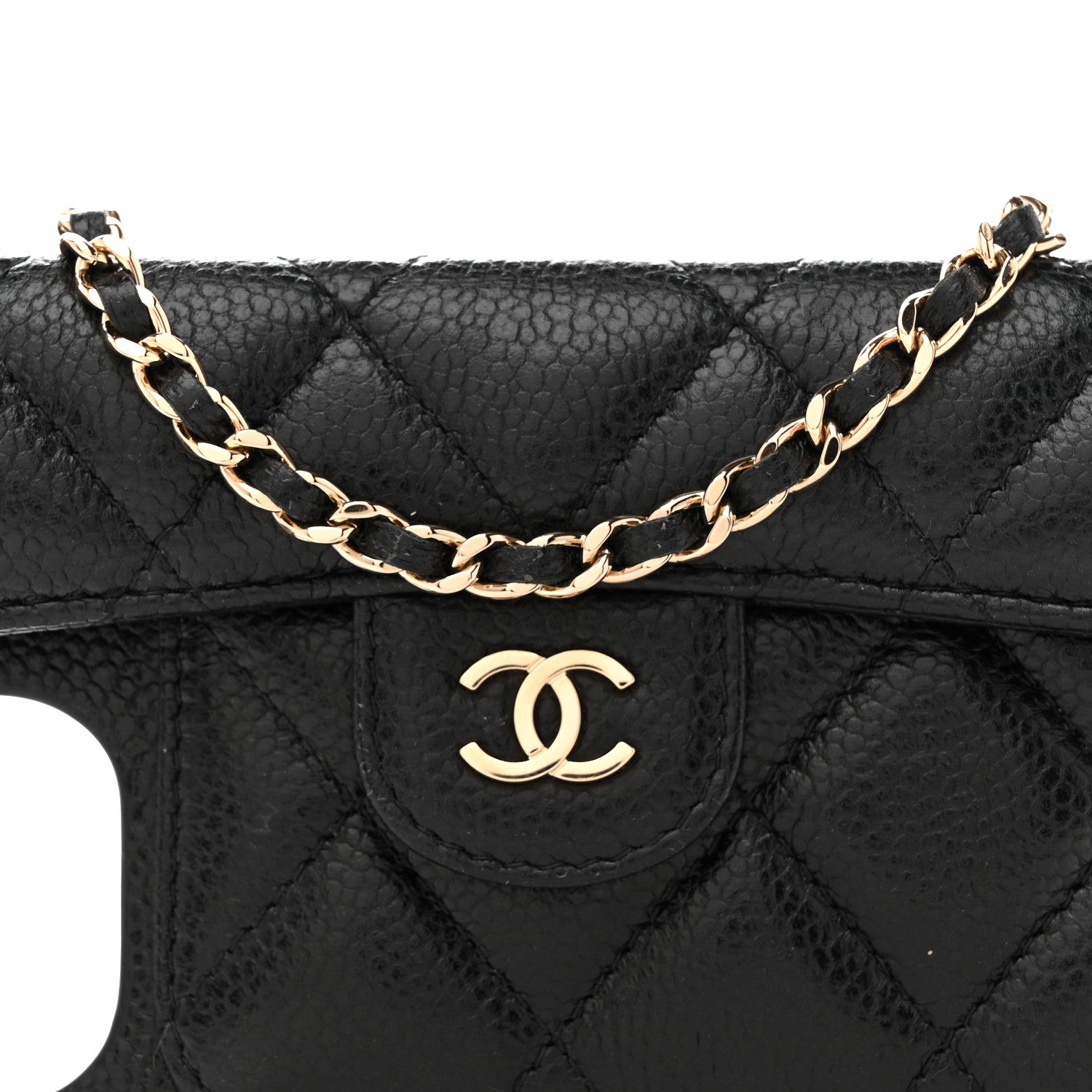 Caviar Quilted Pearl Crush iPhone XII Pro Max Holder With Chain Black