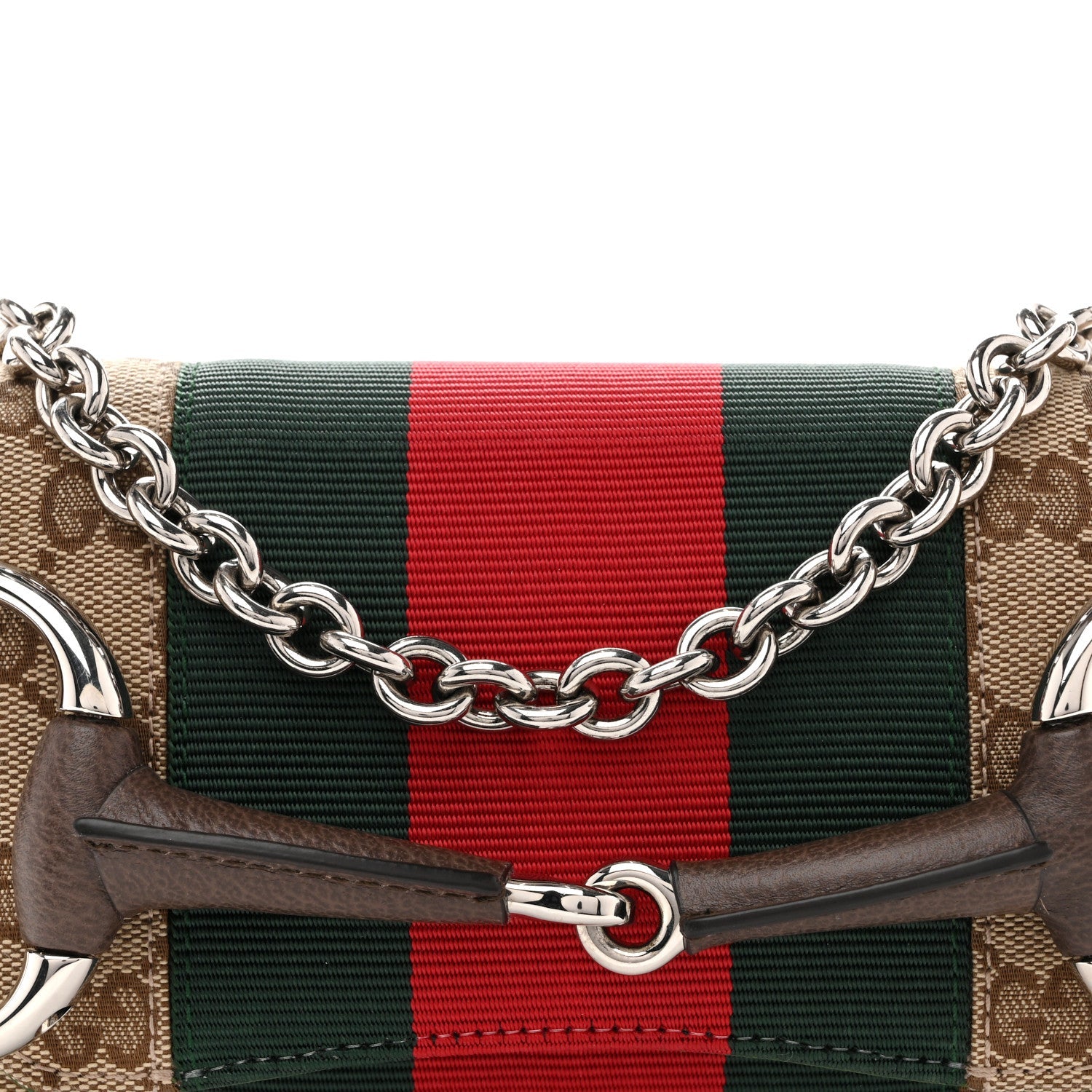 Gucci Monogram Textured Dollar Calfskin Heavy Grosgrain Web Small Maxi Horsebit Chain Shoulder Bag Beige Ebony New Acero