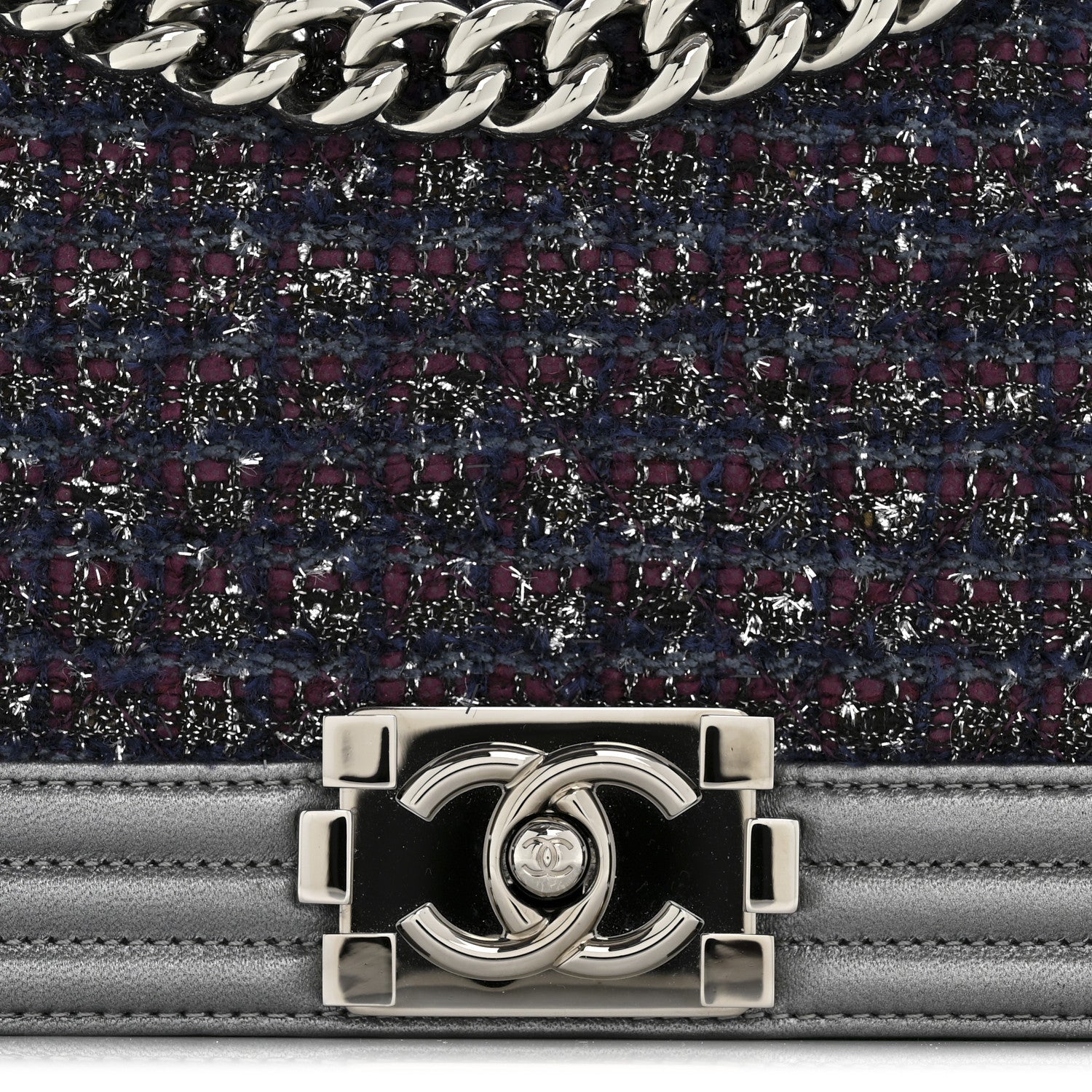 Chanel Tweed Metallic Lambskin Medium Boy Flap Silver
