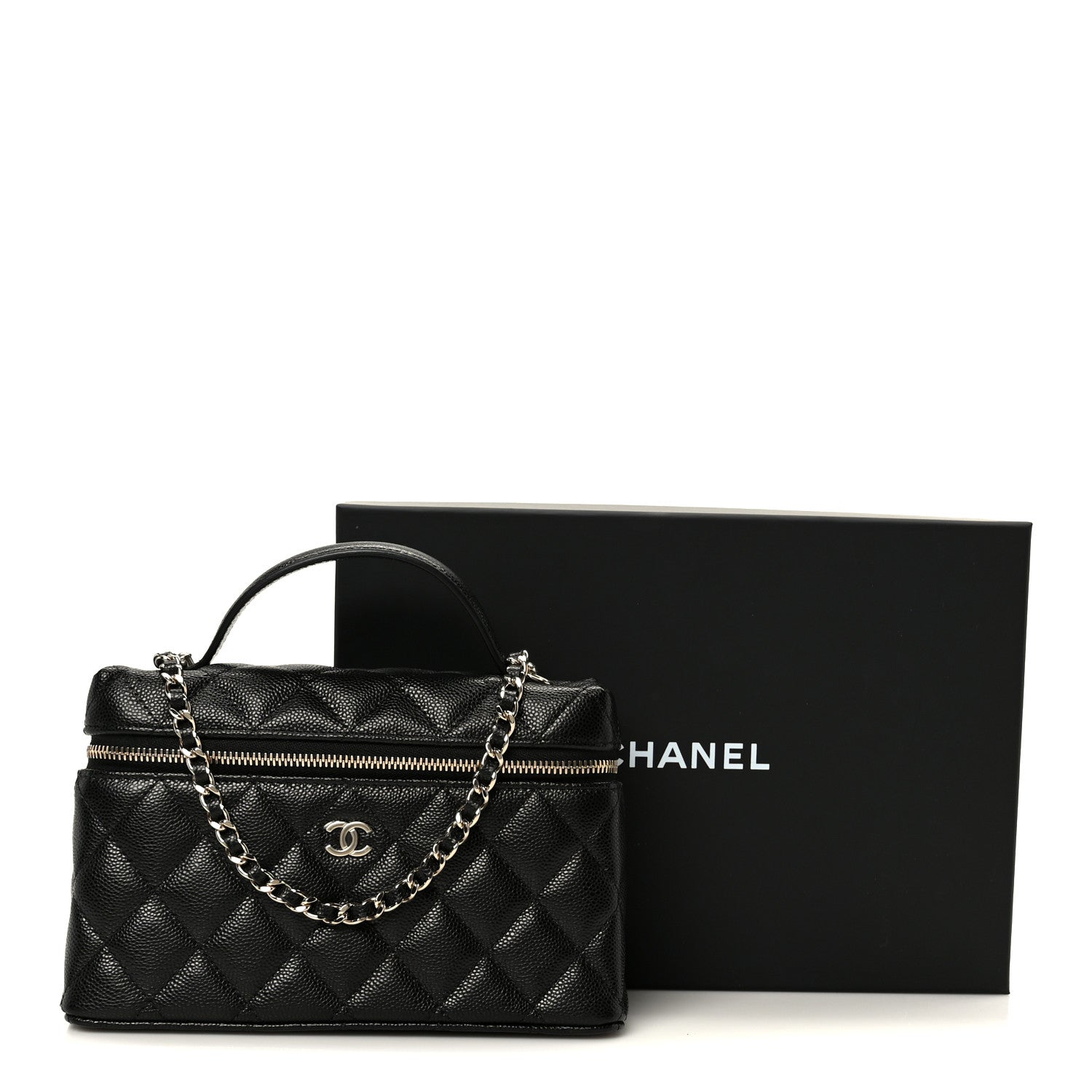 Chanel Caviar Quilted Top Handle Slim Vanity With Chain Black