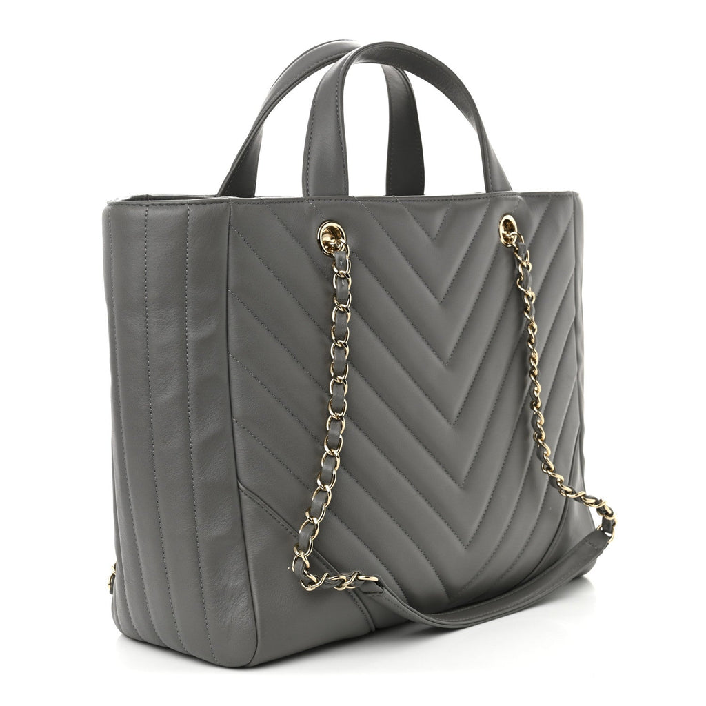 Chanel Calfskin Chevron Quilted Statement Shopping Tote Grey