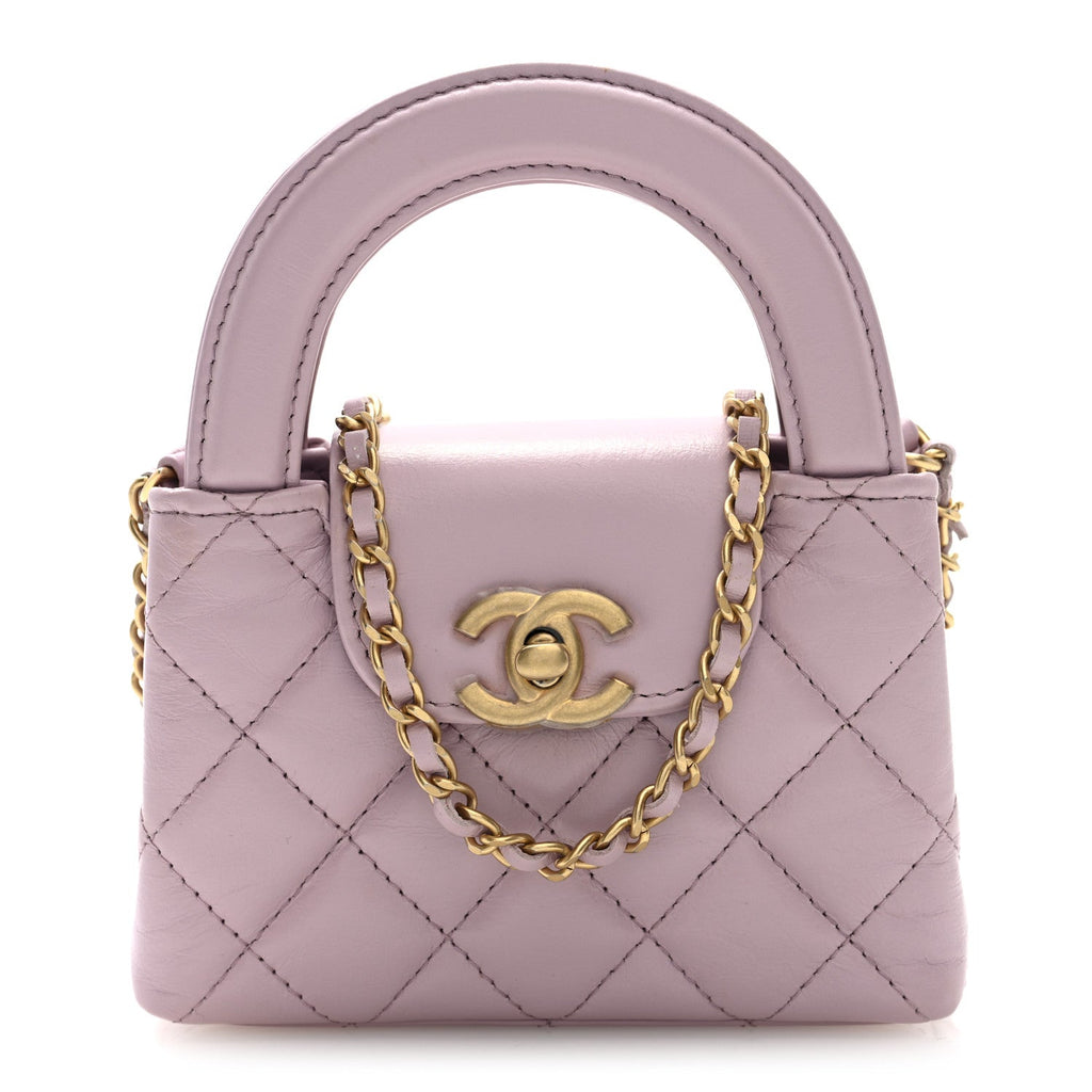 Chanel Shiny Aged Calfskin Quilted Mini Nano Kelly Shopper Light Pink
