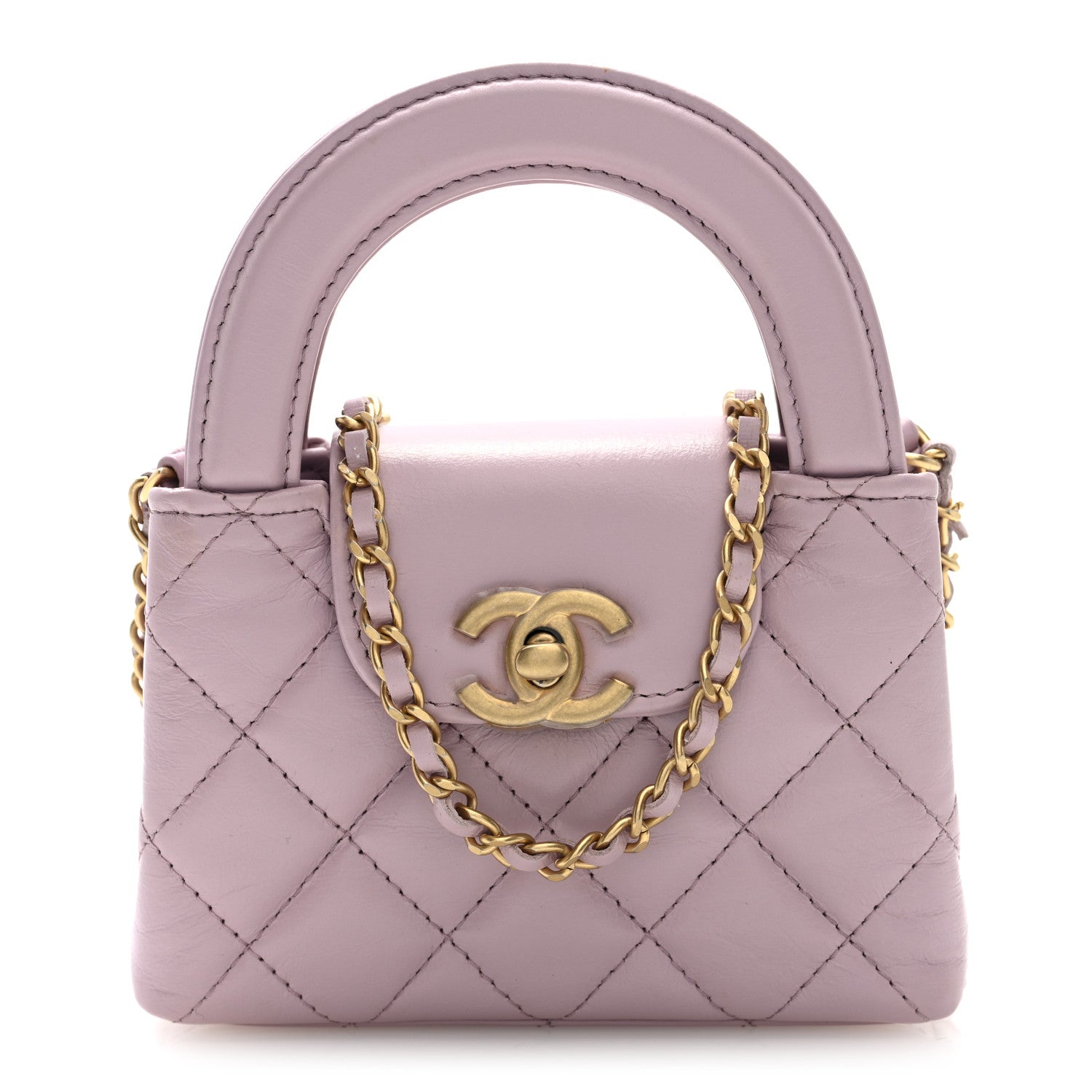 Chanel Shiny Aged Calfskin Quilted Mini Nano Kelly Shopper Light Pink