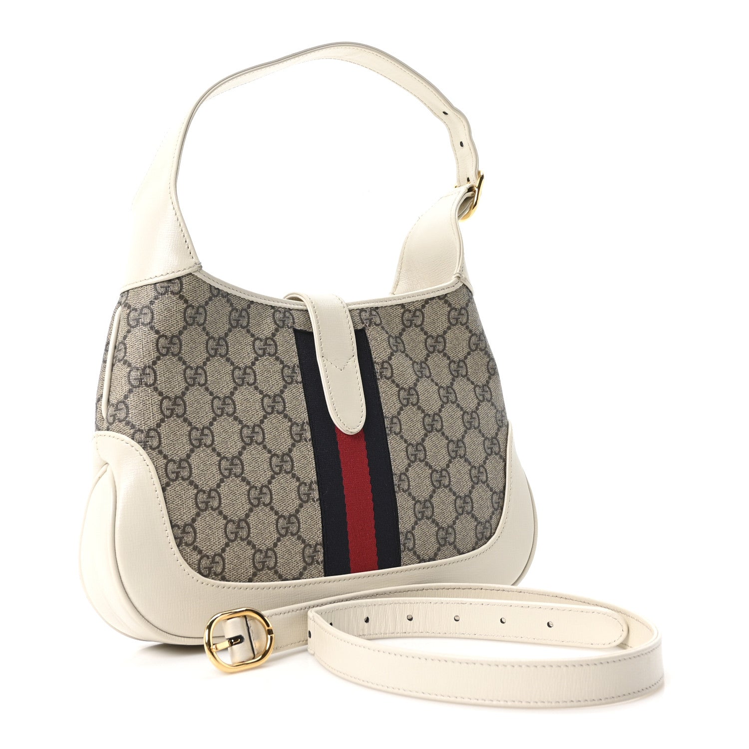 Gucci GG Supreme Monogram Azalea Calfskin Web Small Jackie 1961 Hobo Beige Ebony Mystic White
