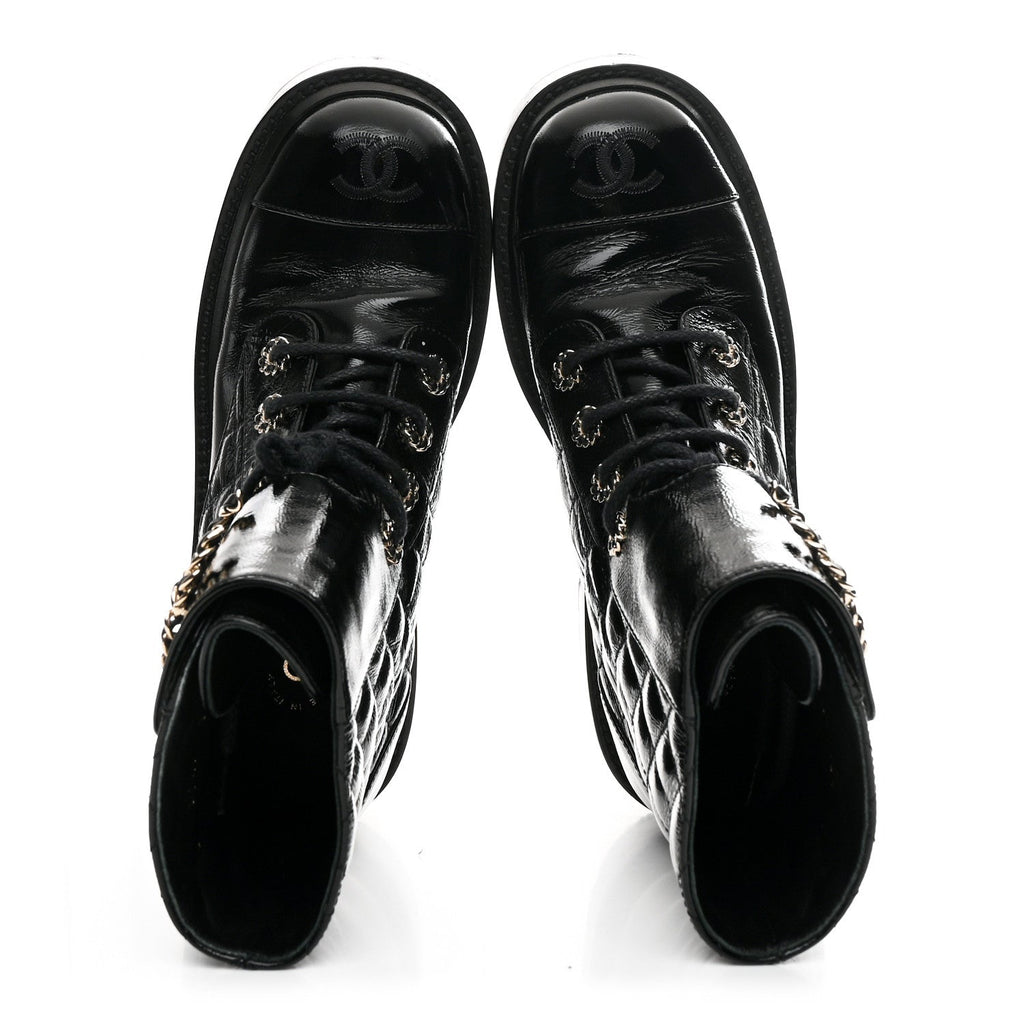 Chanel Shiny Calfskin Quilted Lace Up Combat Boots 36 Black