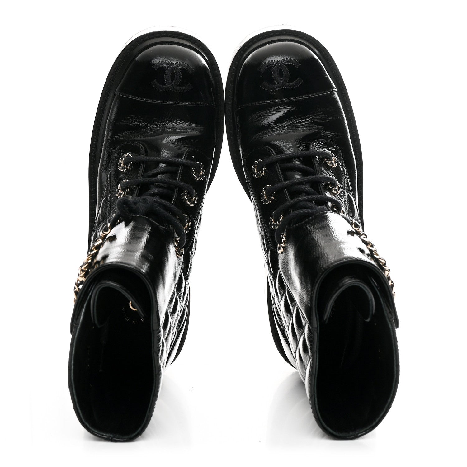 Chanel Shiny Calfskin Quilted Lace Up Combat Boots 36 Black
