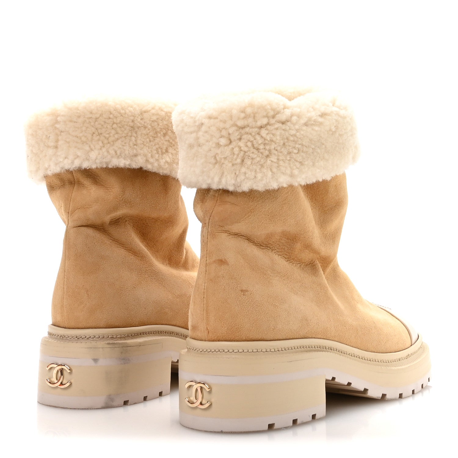 Chanel Suede Shearling Cap Toe Short Boots 38 Beige