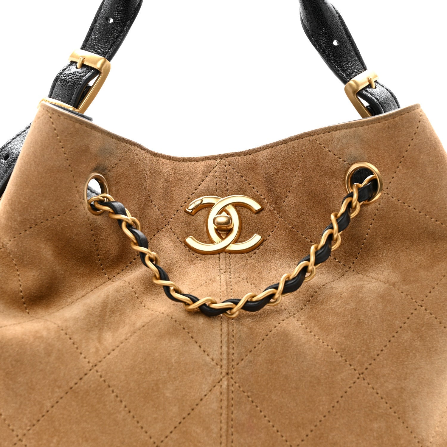 Chanel Suede Calfskin Shiny Lambskin Quilted Coco Base Shopping Bag Beige Black