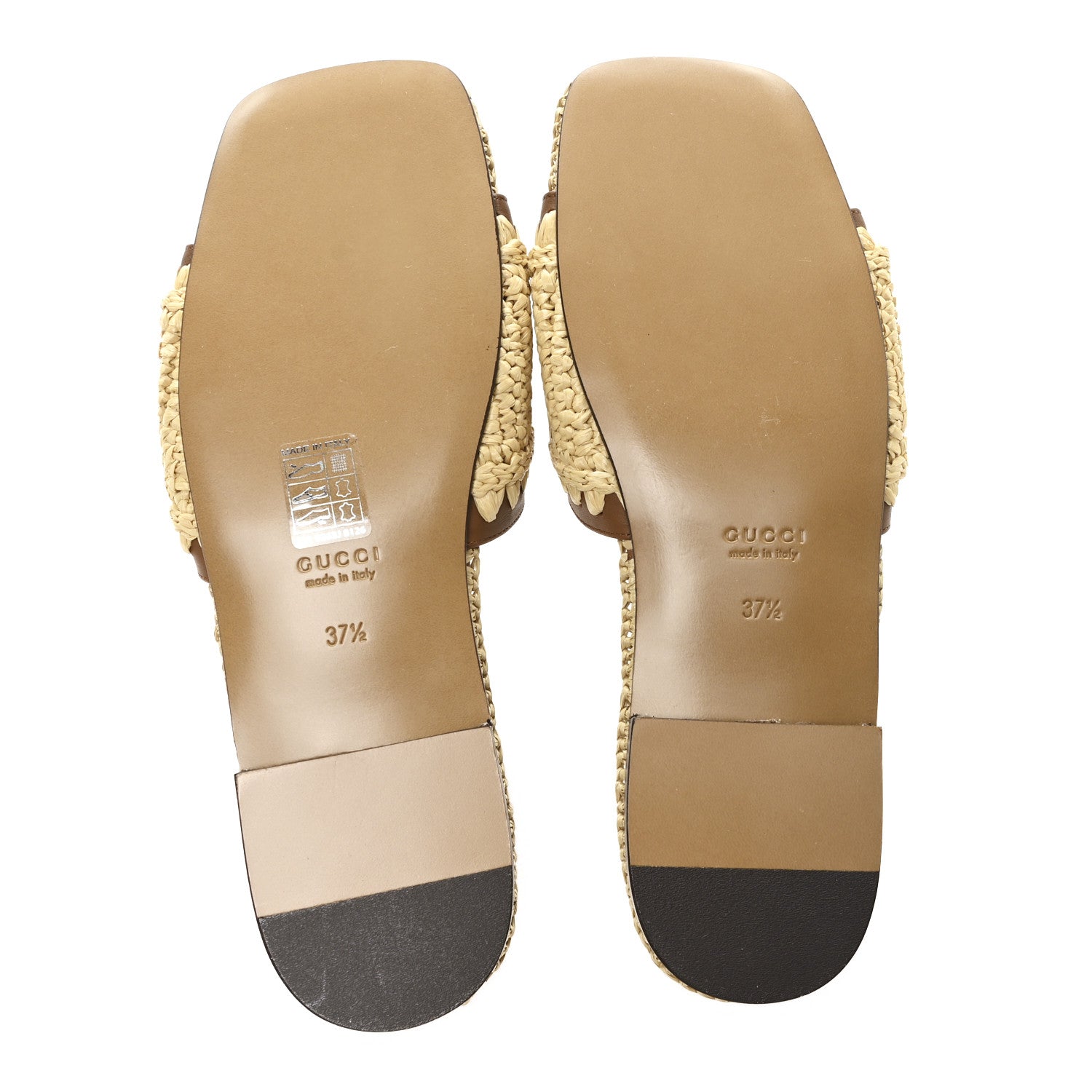 Gucci Raffia Interlocking G Flat Slide Sandals 37.5 Bright Natural Sundial